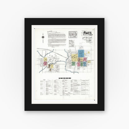 Old map wall art mockup — black gallery frame with white mat — Sanborn Fire Insurance Map from Ames, Story County, Iowa (1920) â€” Complete Set