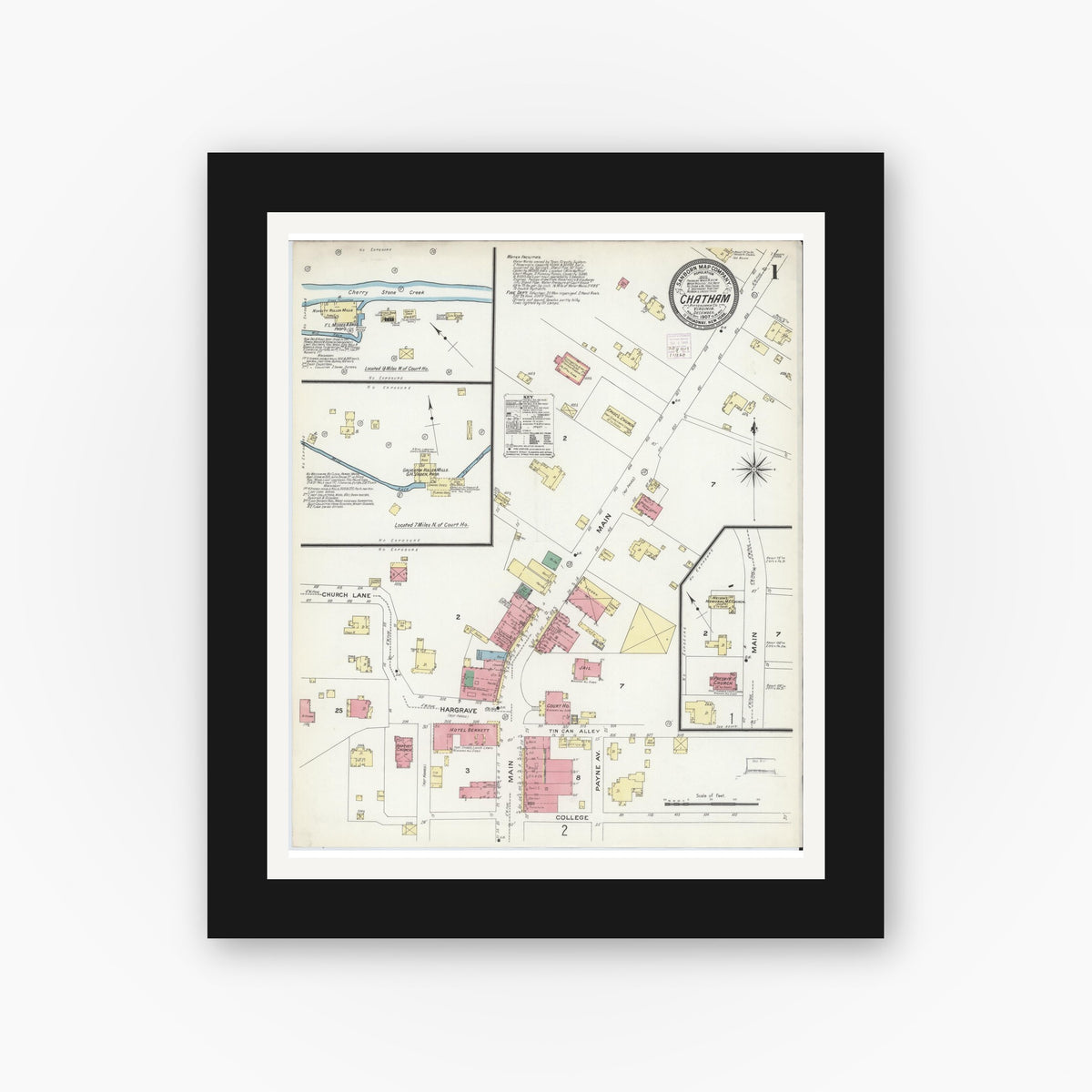 Old map wall art mockup — black gallery frame with white mat — Sanborn Fire Insurance Map from Chatham, Pittsylvania County, Virginia (1907) - Complete Map Set