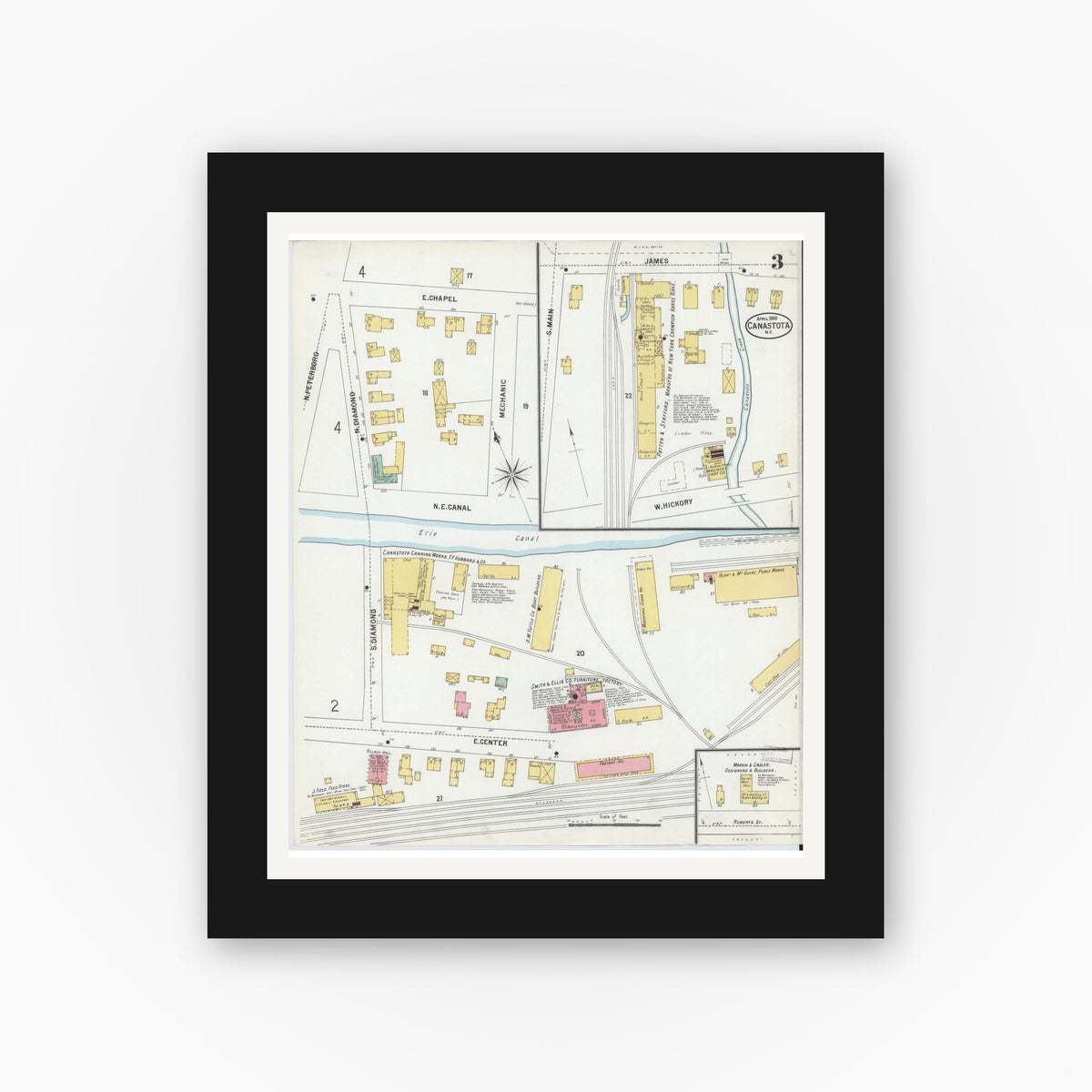 Old map wall art mockup — black gallery frame with white mat — Sanborn Fire Insurance Map from Canastota, Madison County, New York (1900), Sheet #0003