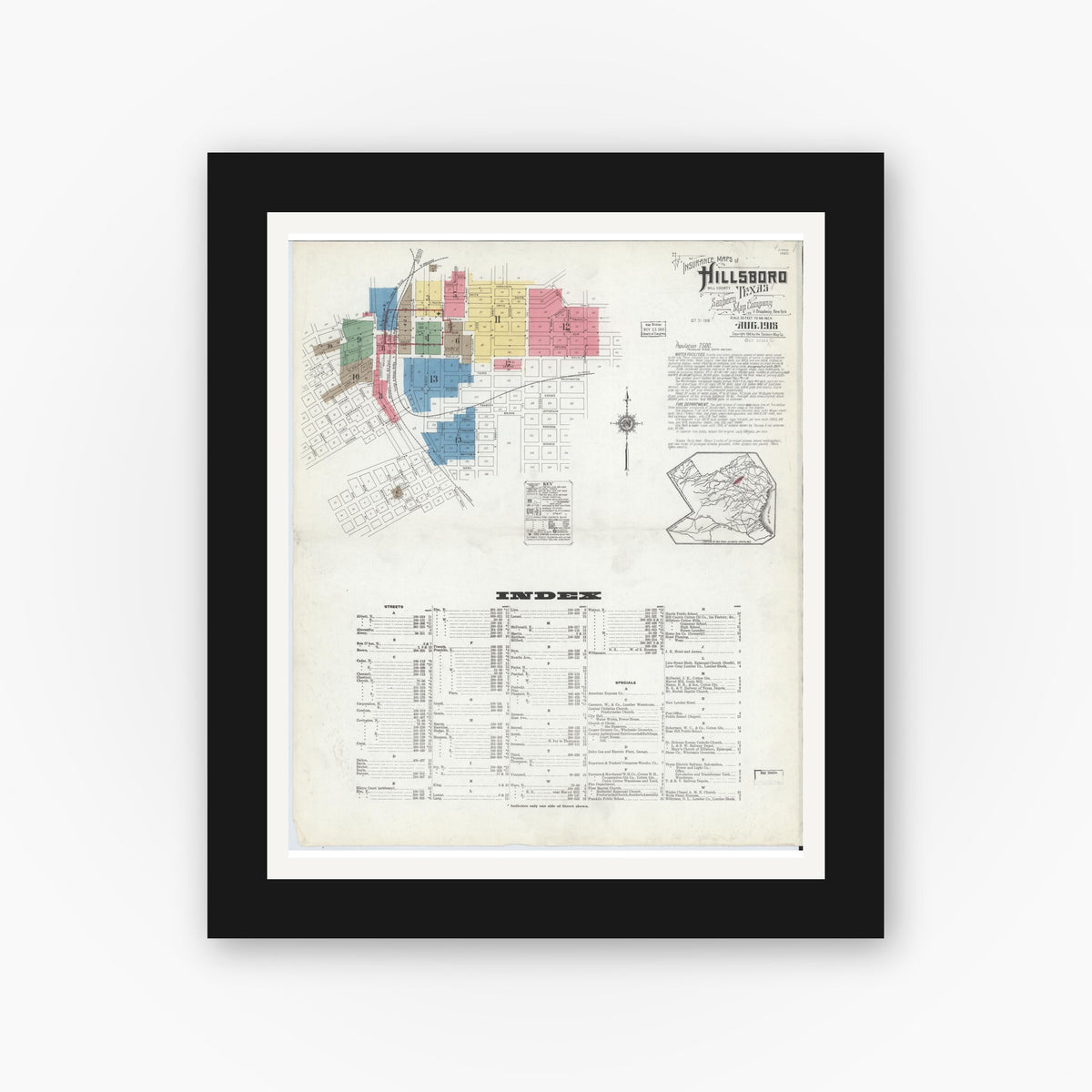 Old map wall art mockup — black gallery frame with white mat — Sanborn Fire Insurance Map from Hillsboro, Hill County, Texas (1918) - Complete Map Set