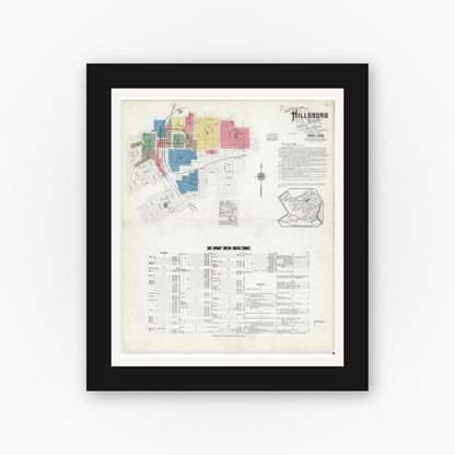 Old map wall art mockup — black gallery frame with white mat — Sanborn Fire Insurance Map from Hillsboro, Hill County, Texas (1918) - Complete Map Set