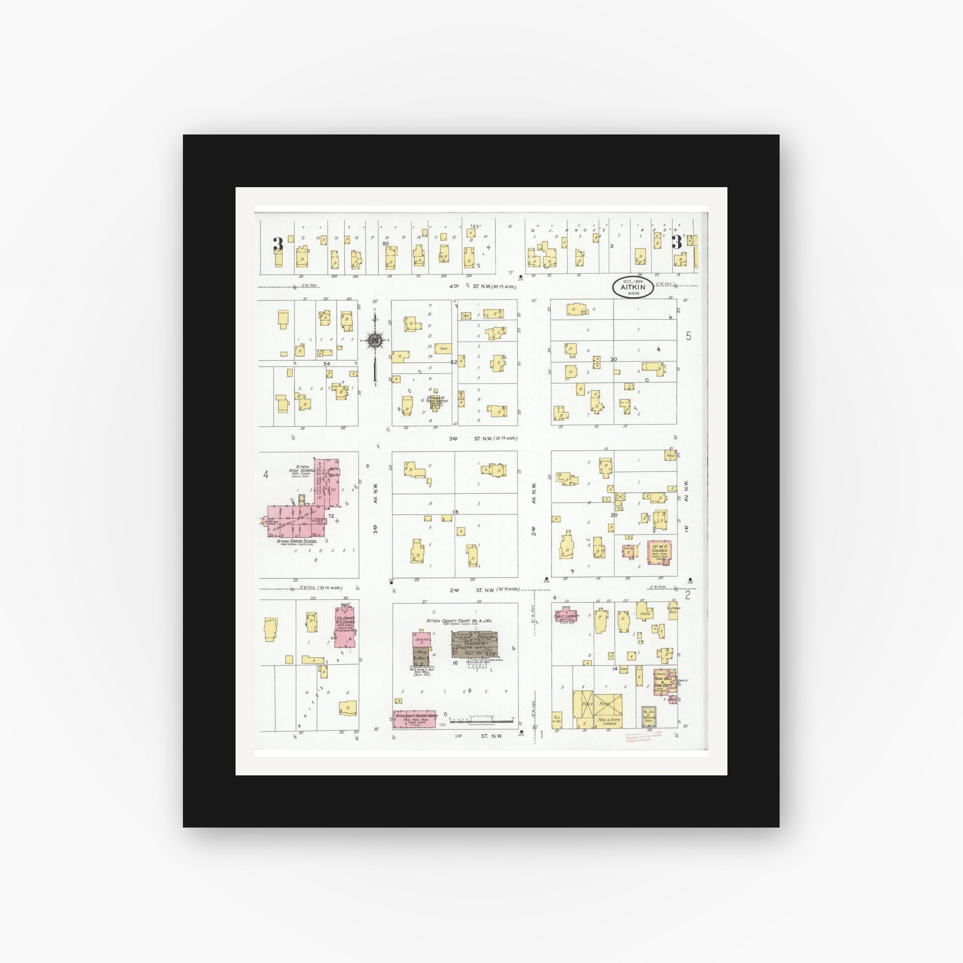 Old map wall art mockup — black gallery frame with white mat — Sanborn Fire Insurance Map from Aitkin, Aitkin County, Minnesota (1929), Sheet #0003