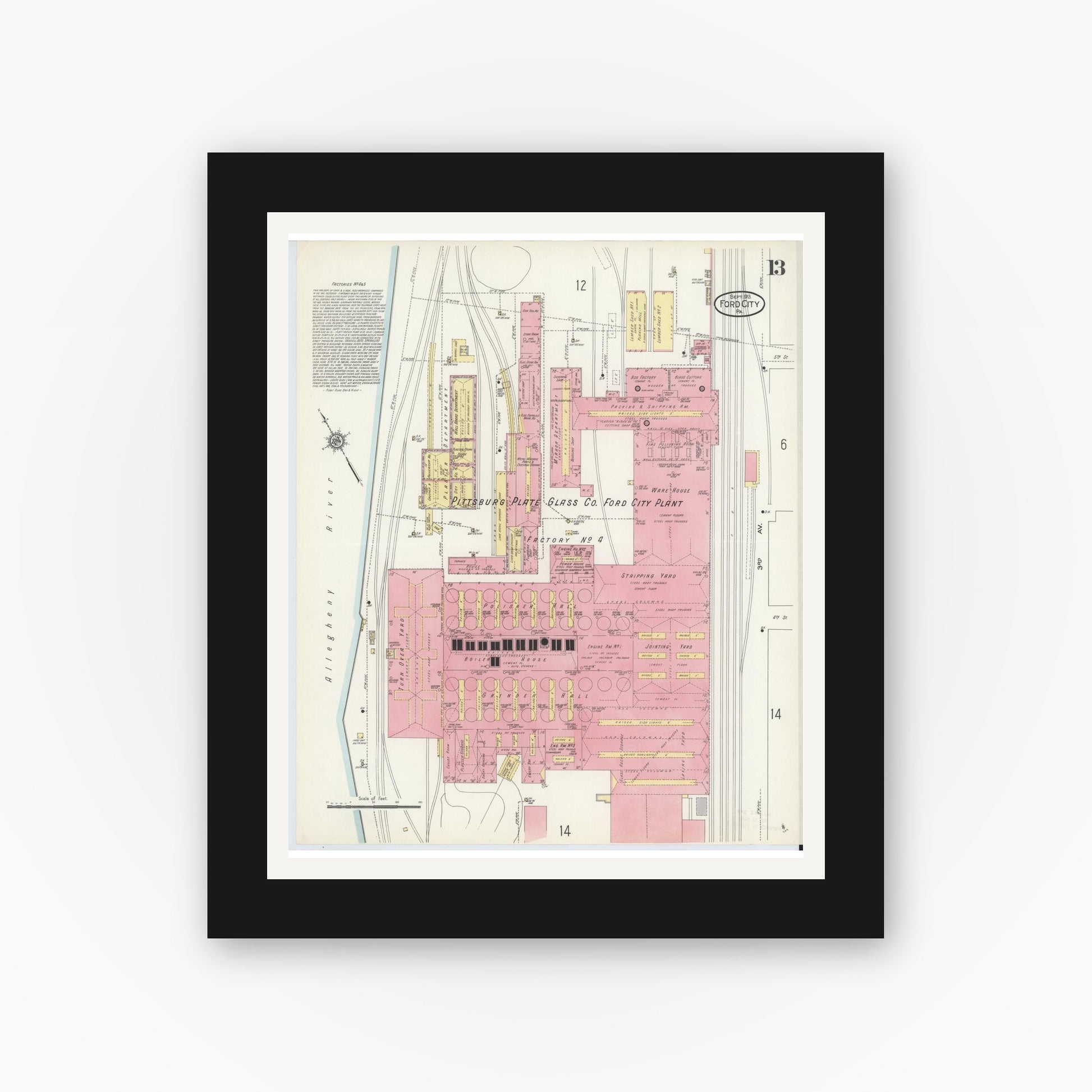 Old map wall art mockup — black gallery frame with white mat — Sanborn Fire Insurance Map from Ford City, Armstrong County, Pennsylvania (1913), Sheet #0013