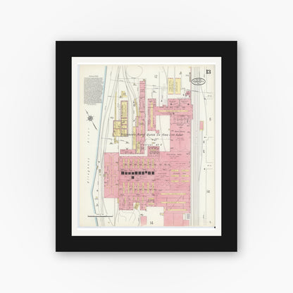 Old map wall art mockup — black gallery frame with white mat — Sanborn Fire Insurance Map from Ford City, Armstrong County, Pennsylvania (1913), Sheet #0013