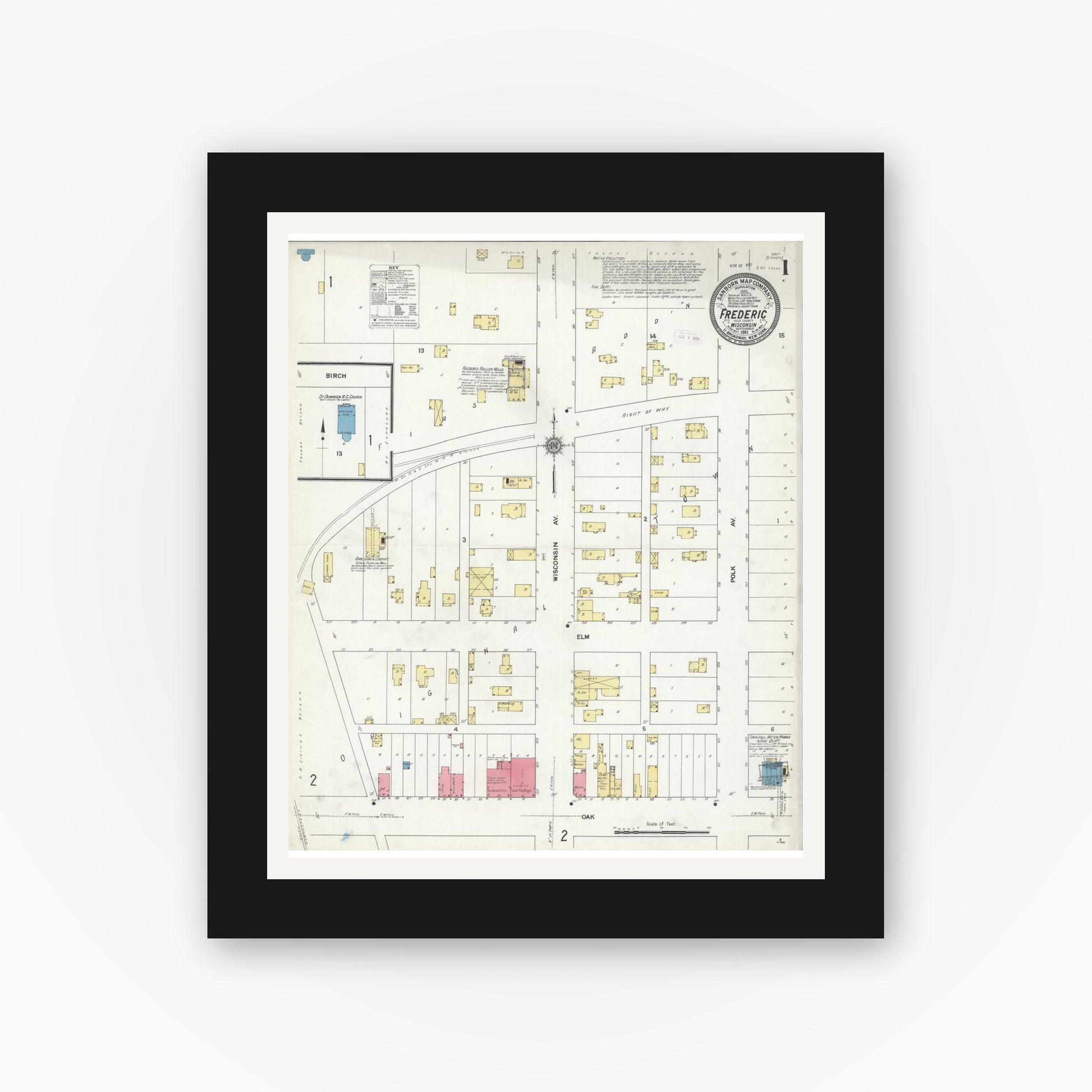 Old map wall art mockup — black gallery frame with white mat — Sanborn Fire Insurance Map from Frederic, Polk County, Wisconsin (1911), Sheet #0001