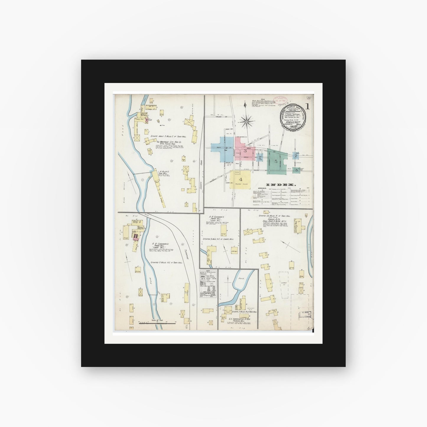 Old map wall art mockup — black gallery frame with white mat — Sanborn Fire Insurance Map from Amherst, Hampshire County, Massachusetts (1892) - Complete Map Set