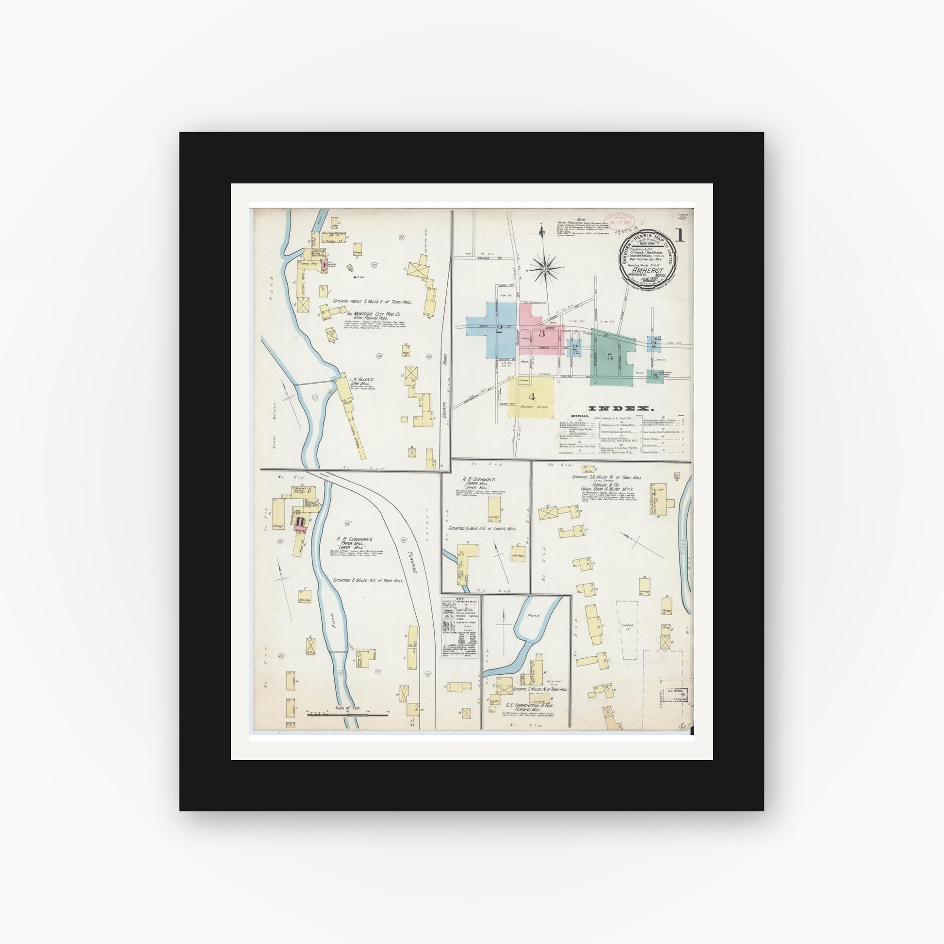 Old map wall art mockup — black gallery frame with white mat — Sanborn Fire Insurance Map from Amherst, Hampshire County, Massachusetts (1892) - Complete Map Set