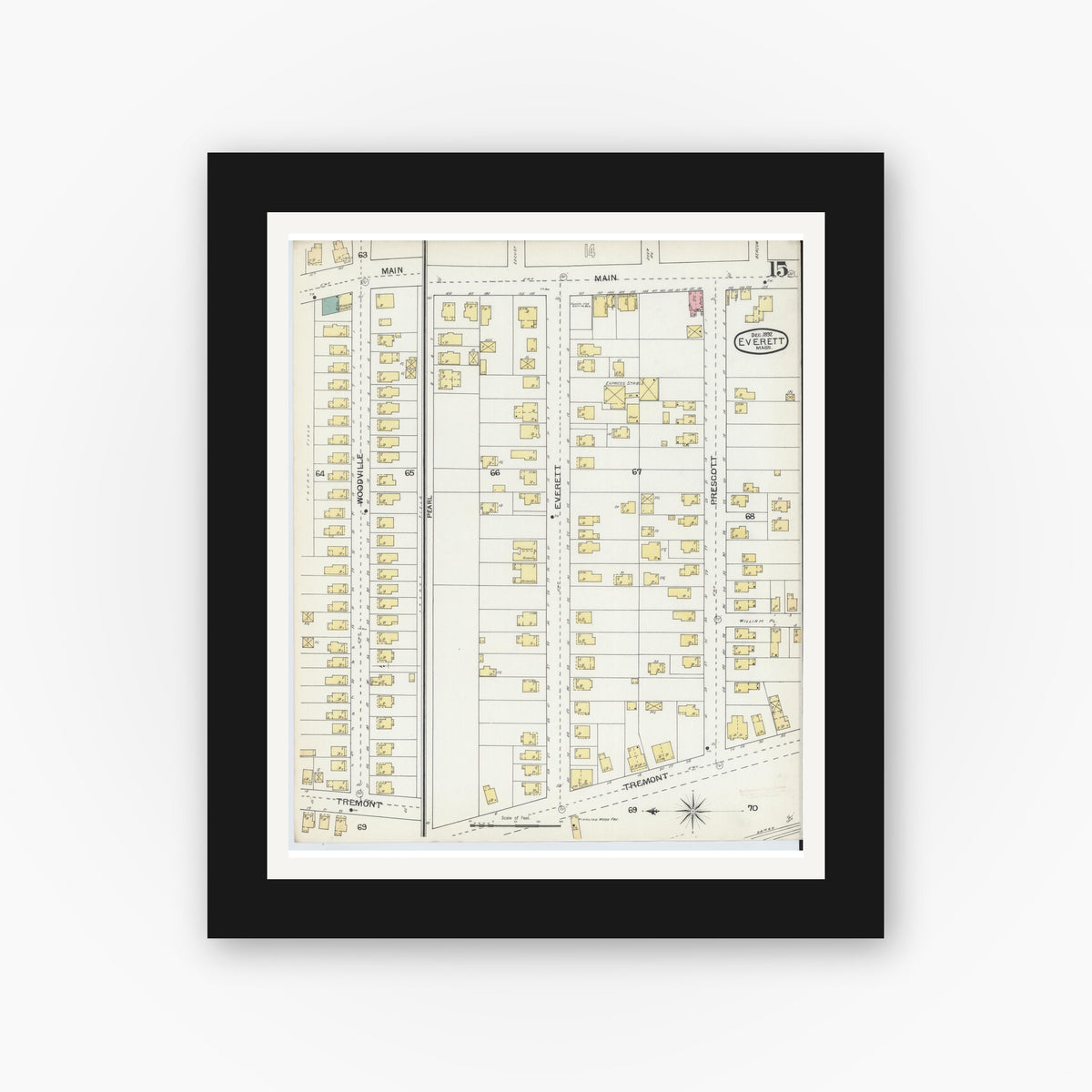 Old map wall art mockup — black gallery frame with white mat — Sanborn Fire Insurance Map from Everett, Middlesex County, Massachusetts (1892), Sheet #0015