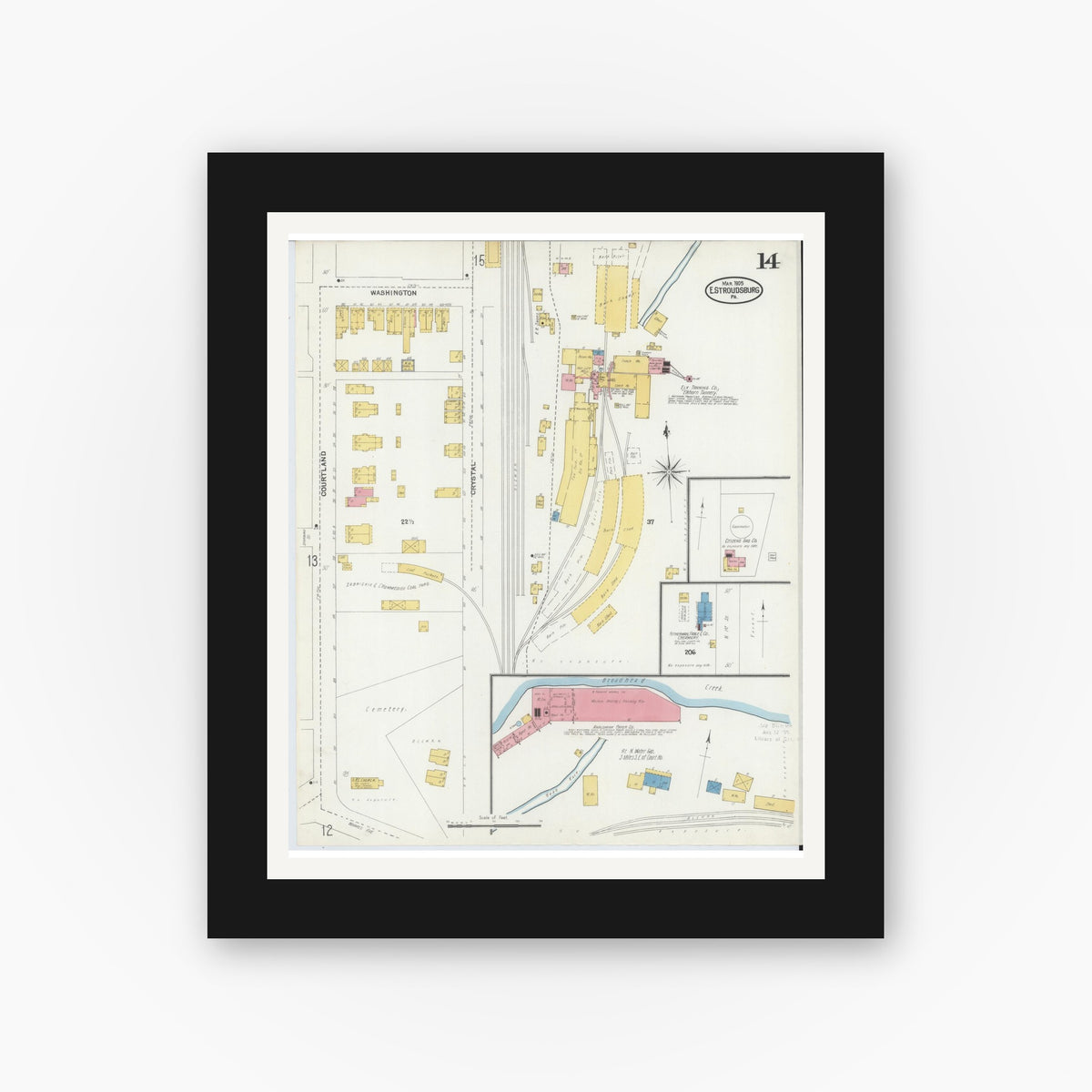 Old map wall art mockup — black gallery frame with white mat — Sanborn Fire Insurance Map from Stroudsburg, Monroe County, Pennsylvania (1905), Sheet #0014