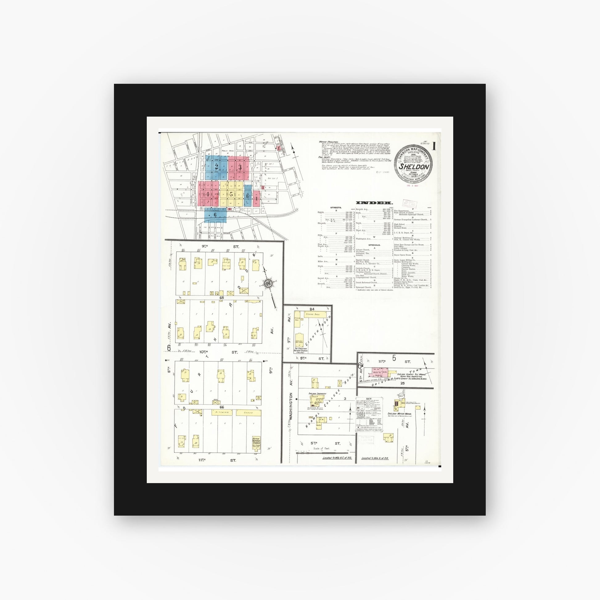 Old map wall art mockup — black gallery frame with white mat — Sanborn Fire Insurance Map from Sheldon, O'Brien County, Iowa (1909), Sheet #0001