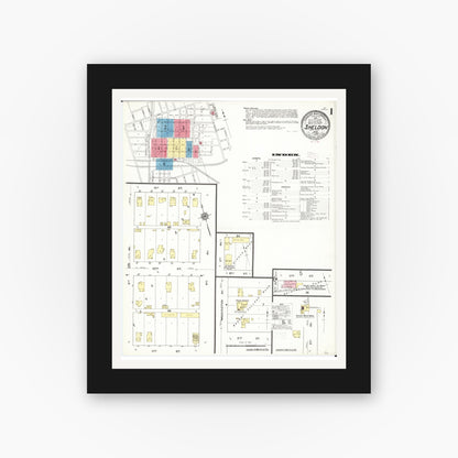 Old map wall art mockup — black gallery frame with white mat — Sanborn Fire Insurance Map from Sheldon, O'Brien County, Iowa (1909), Sheet #0001