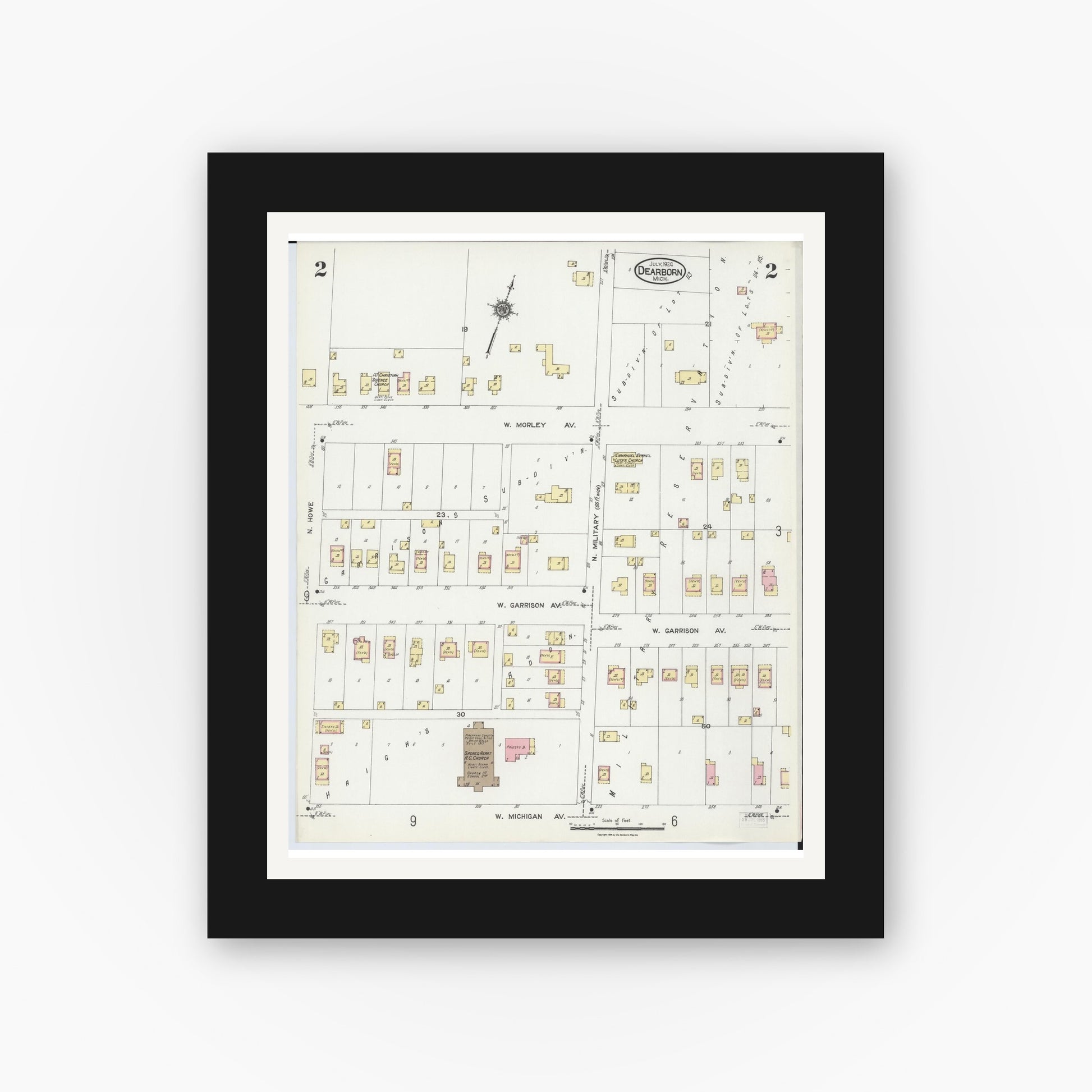 Old map wall art mockup — black gallery frame with white mat — Sanborn Fire Insurance Map from Dearborn, Wayne County, Michigan (1924), Sheet #0002