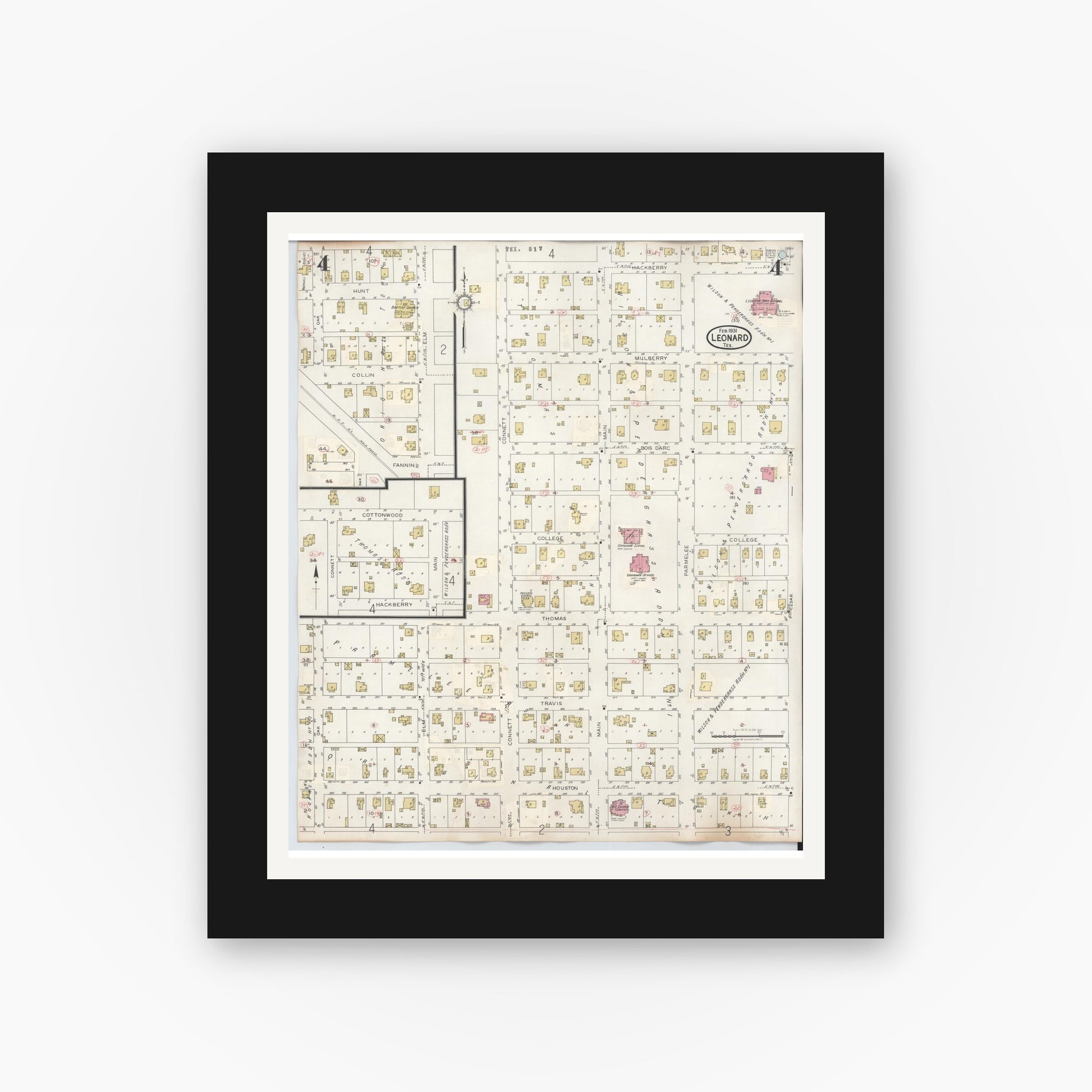Old map wall art mockup — black gallery frame with white mat — Sanborn Fire Insurance Map from Leonard, Fannin County, Texas (1945), Sheet #0004