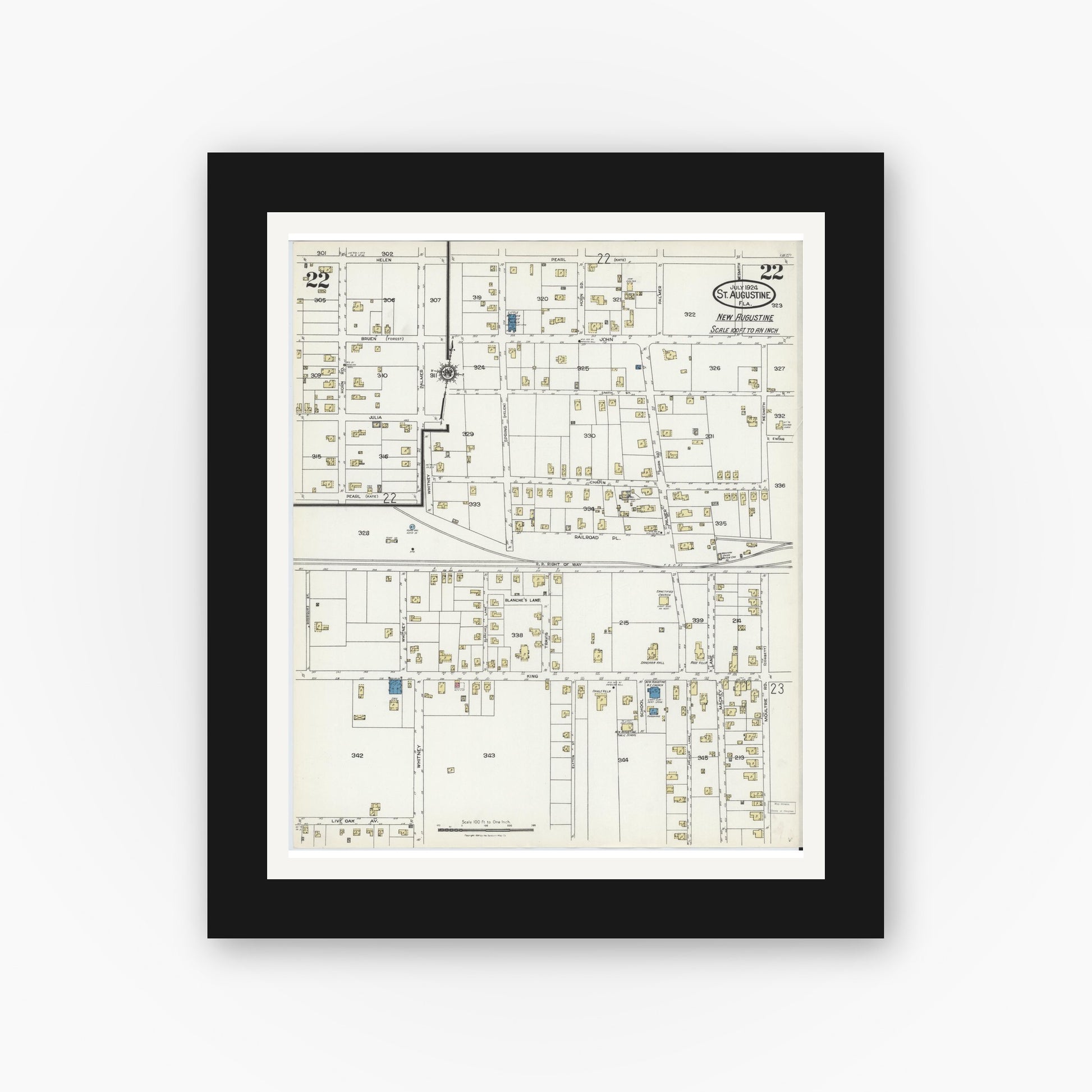 Old map wall art mockup — black gallery frame with white mat — Sanborn Fire Insurance Map from Saint Augustine, Saint John's County, Florida (1924), Sheet #0022
