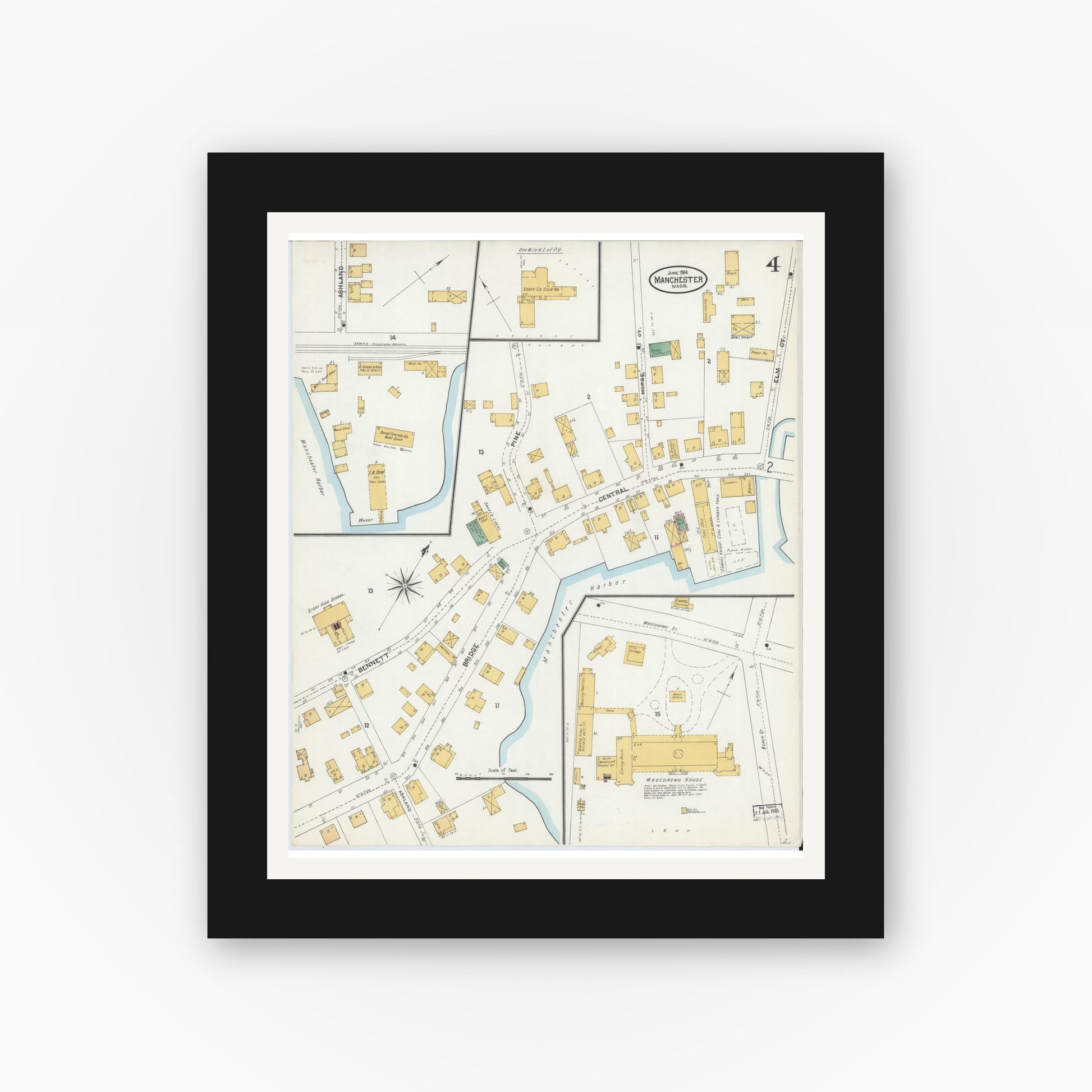 Old map wall art mockup — black gallery frame with white mat — Sanborn Fire Insurance Map from Manchester, Essex County, Massachusetts (1904), Sheet #0004