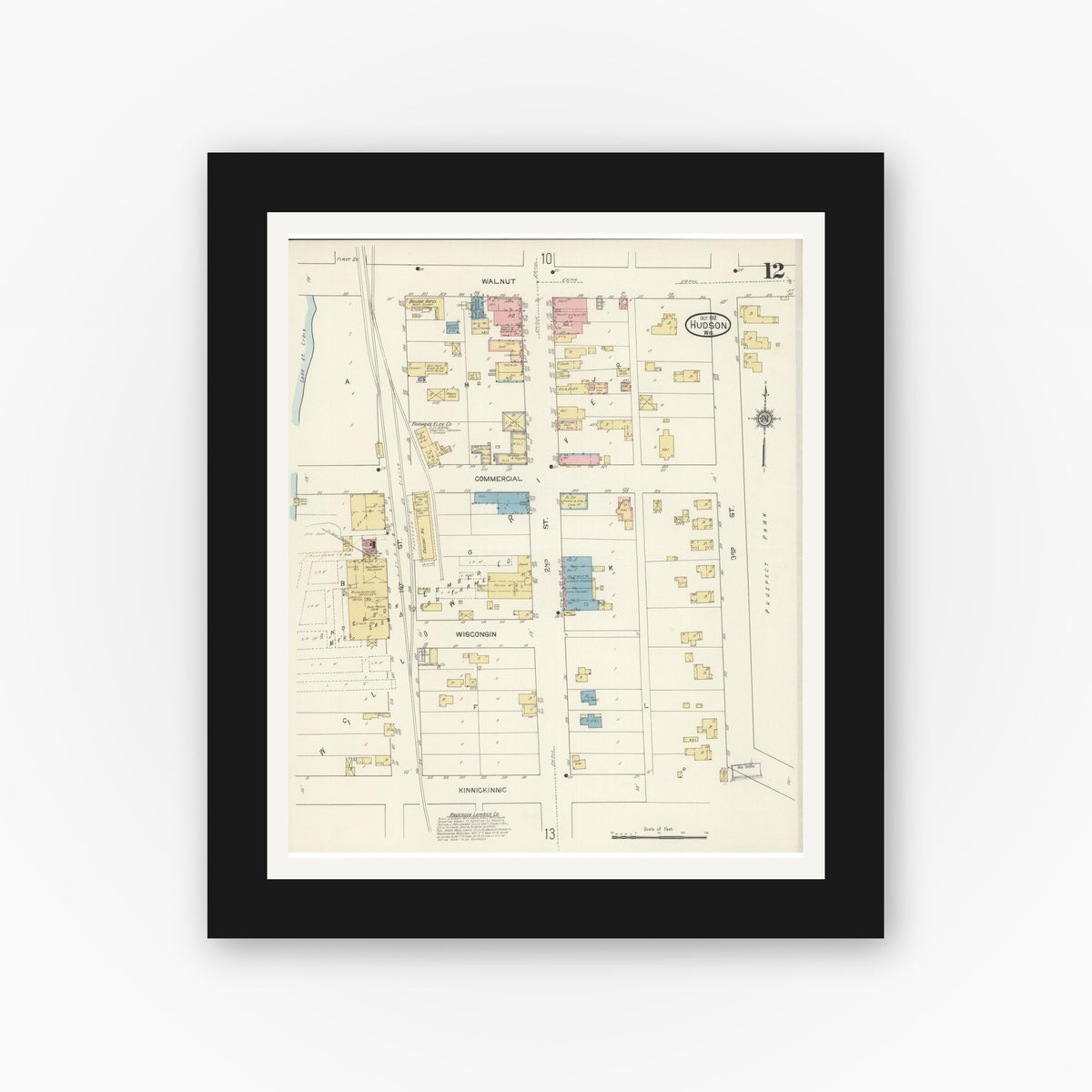 Old map wall art mockup — black gallery frame with white mat — Sanborn Fire Insurance Map from Hudson, St. Croix County, Wisconsin (1912), Sheet #0012