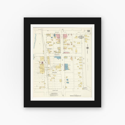 Old map wall art mockup — black gallery frame with white mat — Sanborn Fire Insurance Map from Hudson, St. Croix County, Wisconsin (1912), Sheet #0012