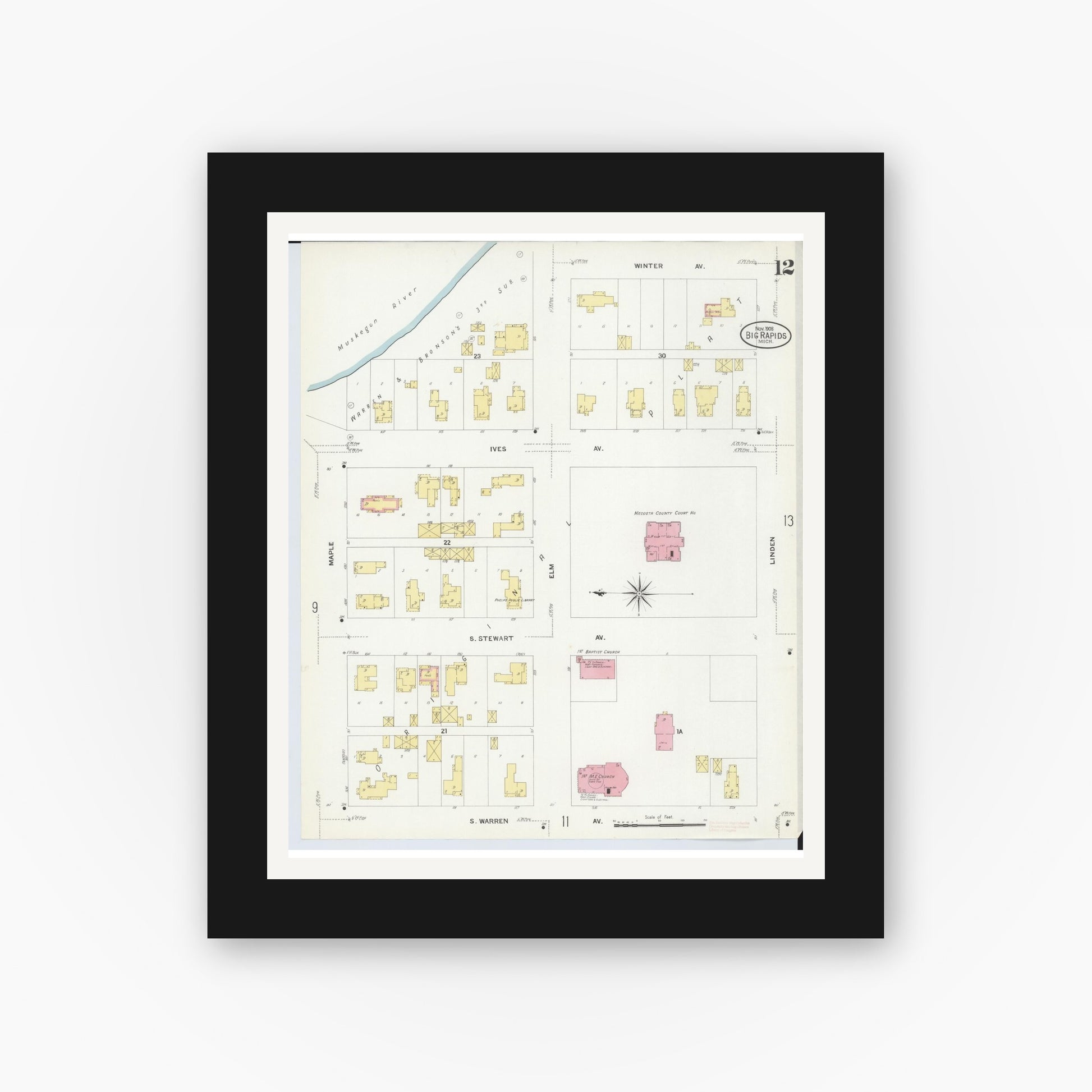 Old map wall art mockup — black gallery frame with white mat — Sanborn Fire Insurance Map from Big Rapids, Mecosta County, Michigan (1908), Sheet #0012