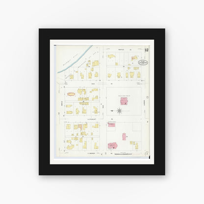 Old map wall art mockup — black gallery frame with white mat — Sanborn Fire Insurance Map from Big Rapids, Mecosta County, Michigan (1908), Sheet #0012