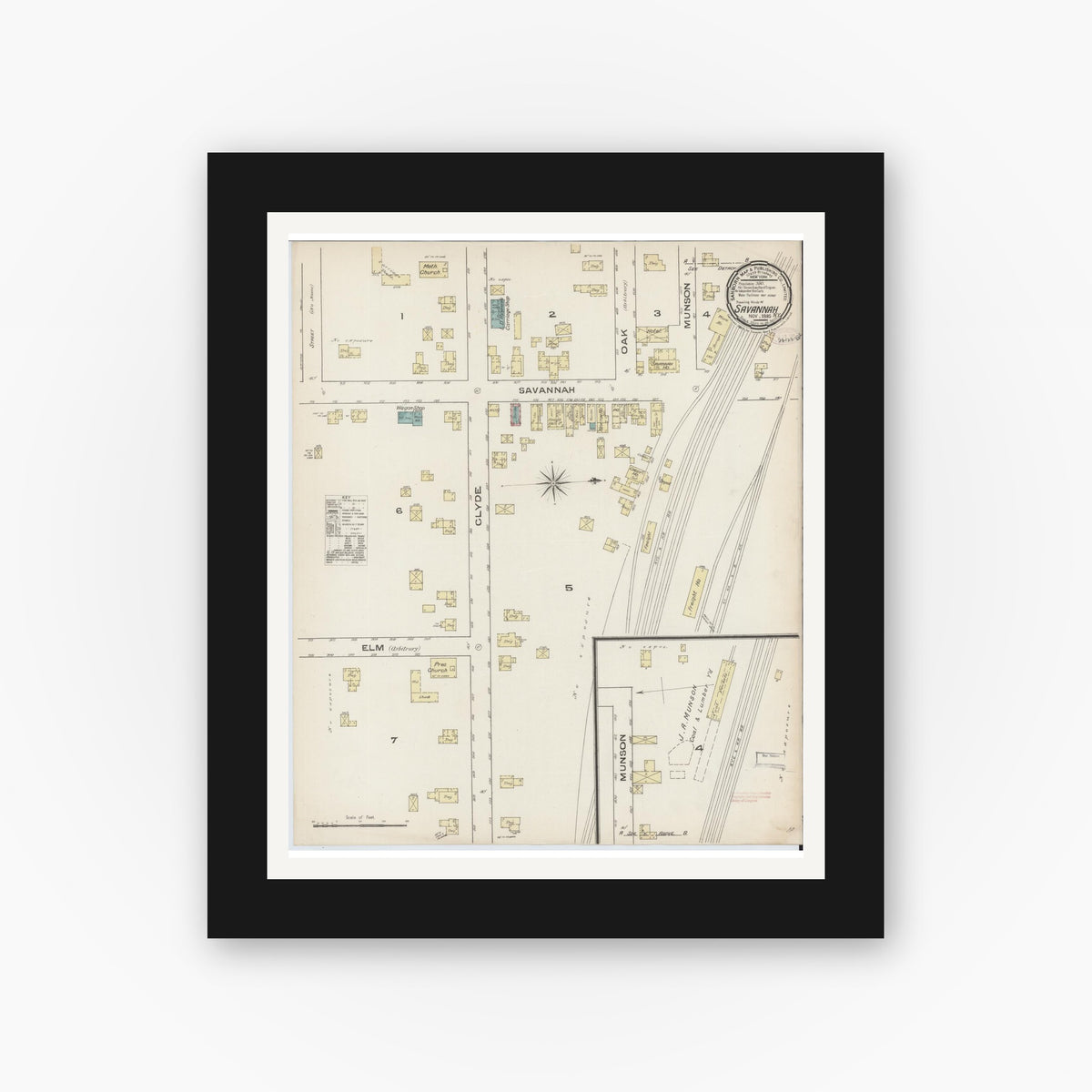 Old map wall art mockup — black gallery frame with white mat — Sanborn Fire Insurance Map from Savannah, Wayne County, New York (1885), Sheet #0001