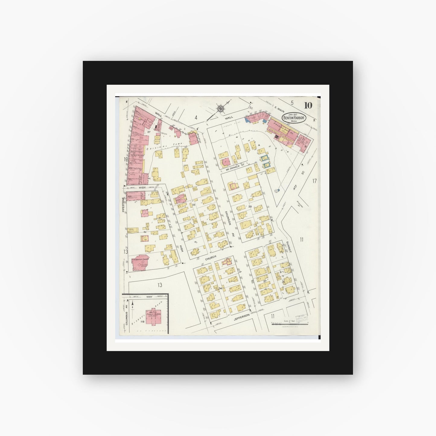 Old map wall art mockup — black gallery frame with white mat — Sanborn Fire Insurance Map from Benton Harbor, Berrien County, Michigan (1917), Sheet #0010