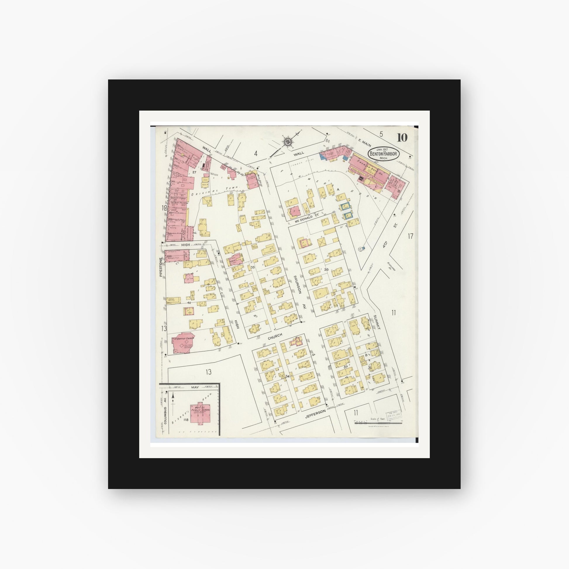 Old map wall art mockup — black gallery frame with white mat — Sanborn Fire Insurance Map from Benton Harbor, Berrien County, Michigan (1917), Sheet #0010