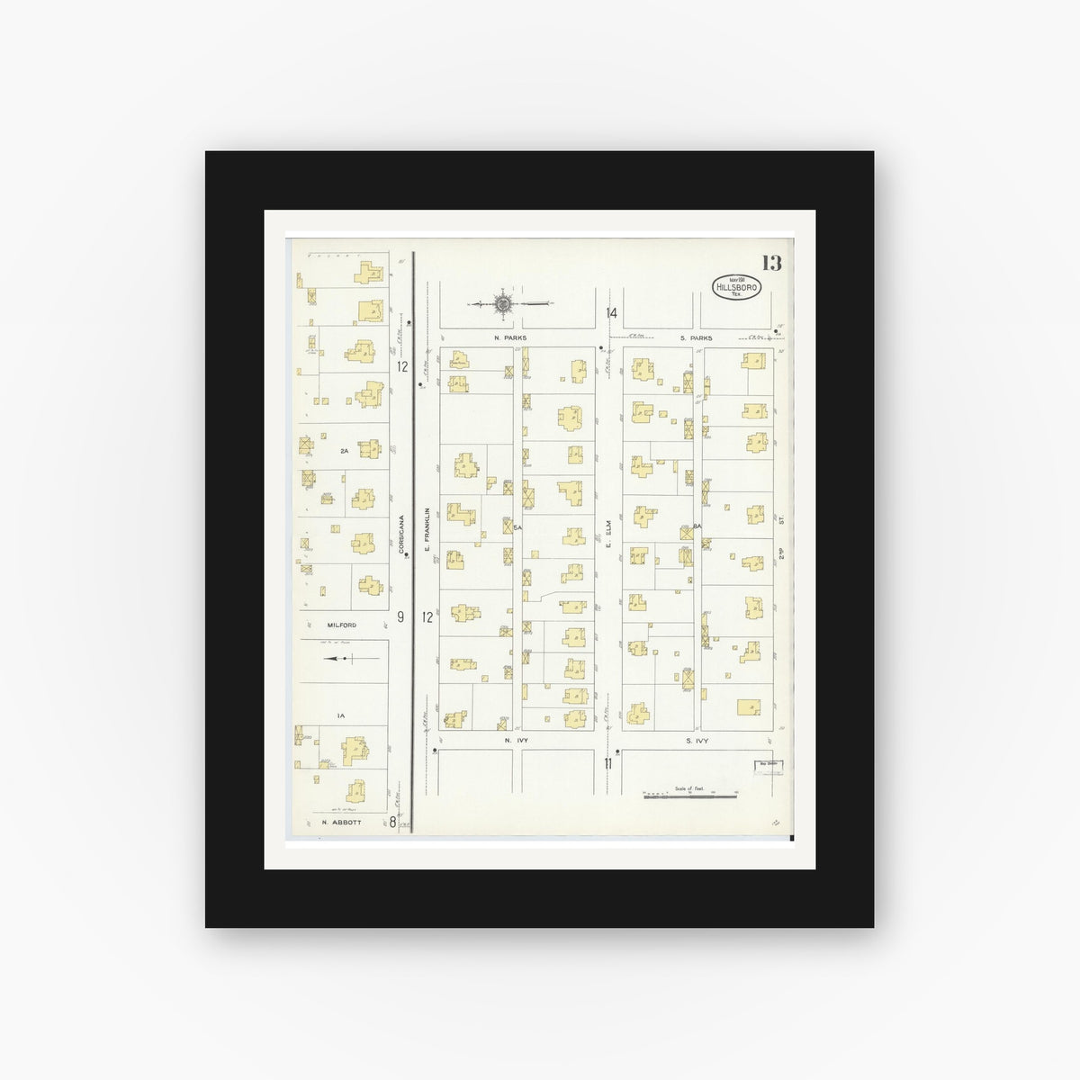 Old map wall art mockup — black gallery frame with white mat — Sanborn Fire Insurance Map from Hillsboro, Hill County, Texas (1911), Sheet #0013