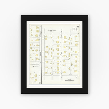 Old map wall art mockup — black gallery frame with white mat — Sanborn Fire Insurance Map from Hillsboro, Hill County, Texas (1911), Sheet #0013