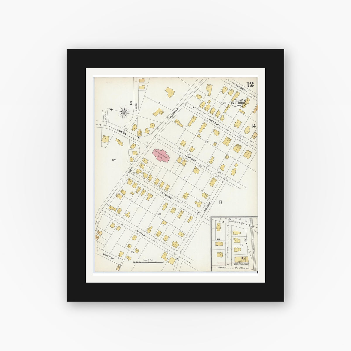 Old map wall art mockup — black gallery frame with white mat — Sanborn Fire Insurance Map from Melrose, Middlesex County, Massachusetts (1903), Sheet #0012