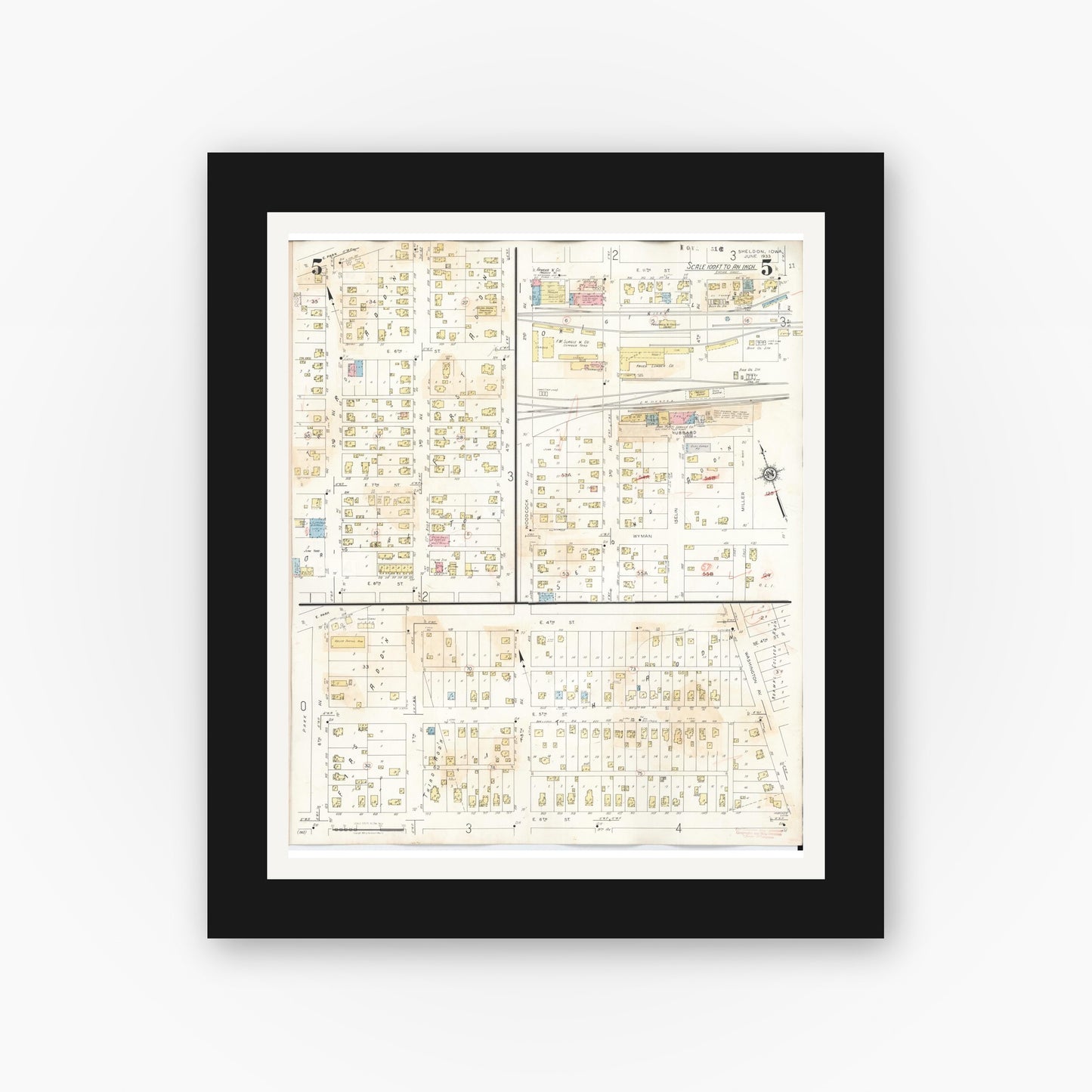 Old map wall art mockup — black gallery frame with white mat — Sanborn Fire Insurance Map from Sheldon, O'Brien County, Iowa (1948), Sheet #0005