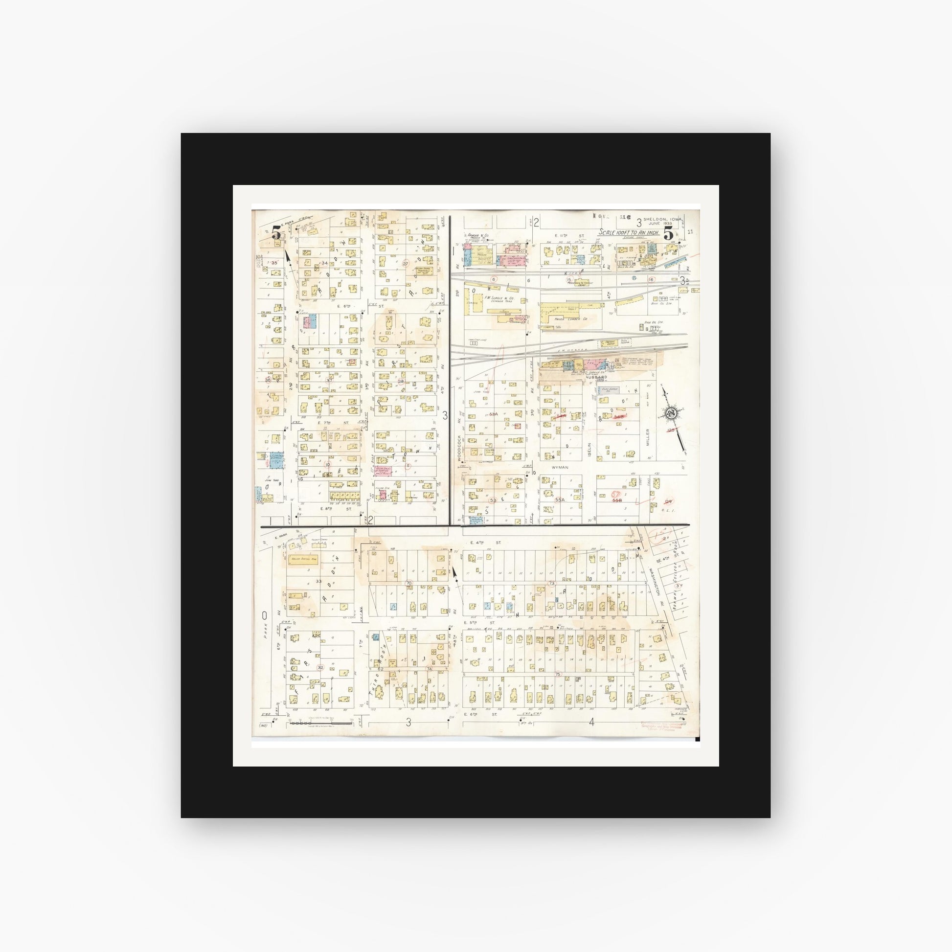 Old map wall art mockup — black gallery frame with white mat — Sanborn Fire Insurance Map from Sheldon, O'Brien County, Iowa (1948), Sheet #0005