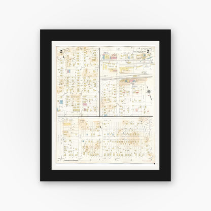 Old map wall art mockup — black gallery frame with white mat — Sanborn Fire Insurance Map from Sheldon, O'Brien County, Iowa (1948), Sheet #0005