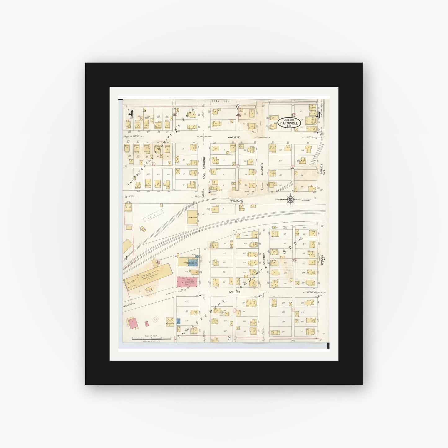 Old map wall art mockup — black gallery frame with white mat — Sanborn Fire Insurance Map from Caldwell, Noble County, Ohio (1932), Sheet #0004