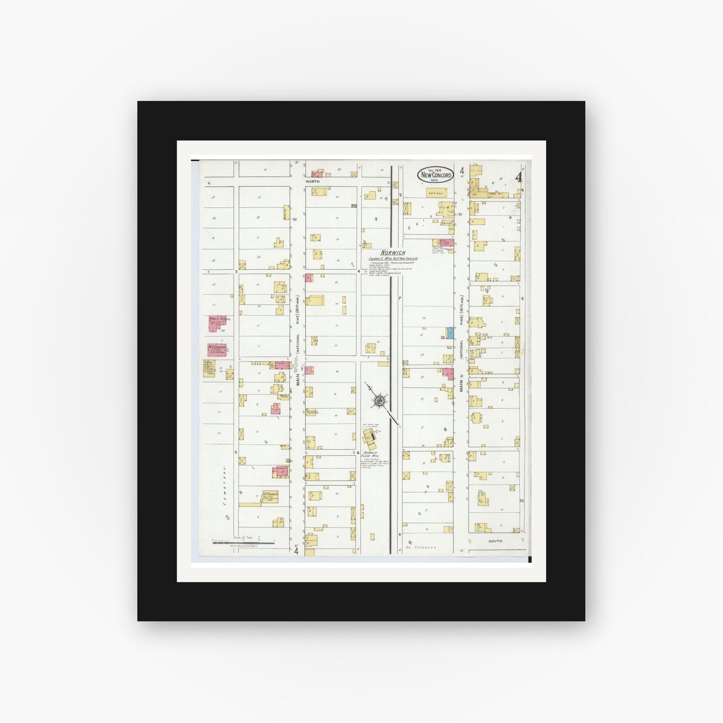 Old map wall art mockup — black gallery frame with white mat — Sanborn Fire Insurance Map from New Concord, Muskingum County, Ohio (1918), Sheet #0004