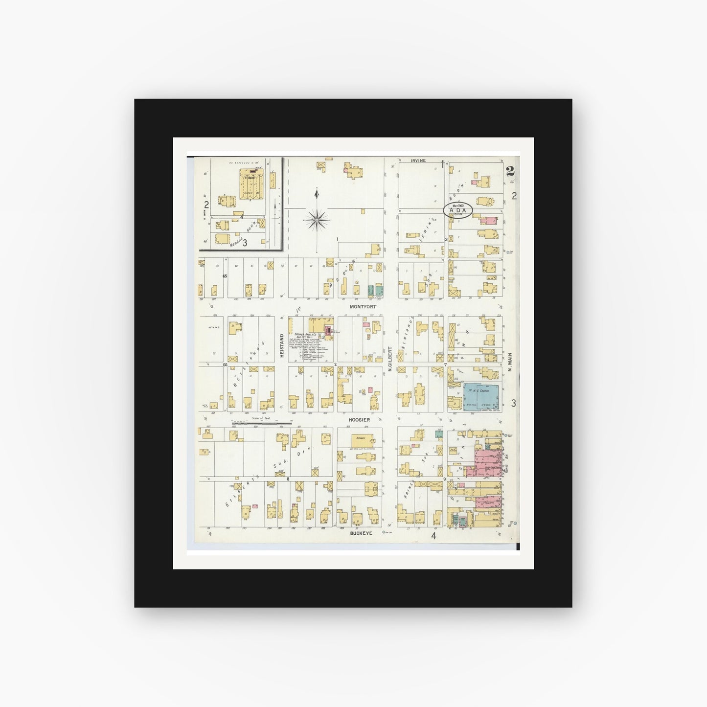 Old map wall art mockup — black gallery frame with white mat — Sanborn Fire Insurance Map from Ada, Hardin County, Ohio (1900), Sheet #0002