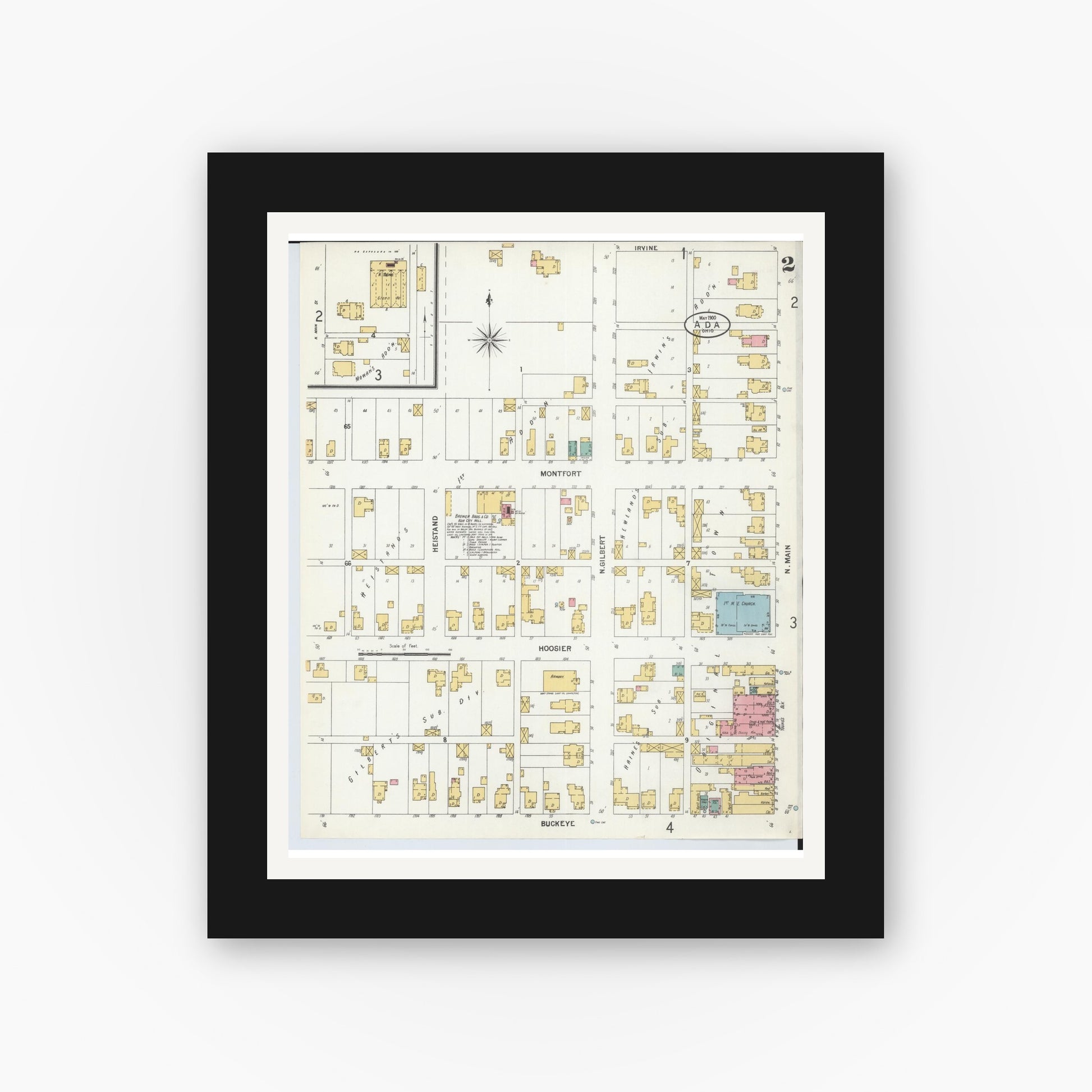 Old map wall art mockup — black gallery frame with white mat — Sanborn Fire Insurance Map from Ada, Hardin County, Ohio (1900), Sheet #0002