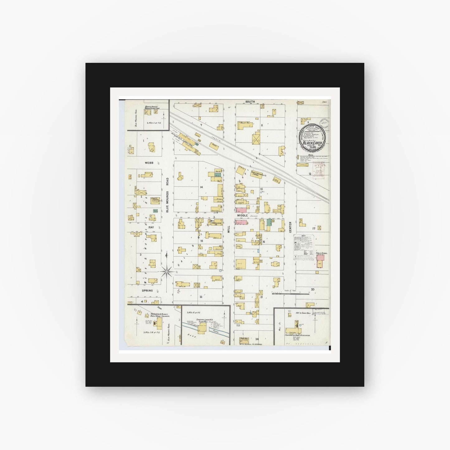 Old map wall art mockup — black gallery frame with white mat — Sanborn Fire Insurance Map from Black Earth, Dane County, Wisconsin (1899), Sheet #0001