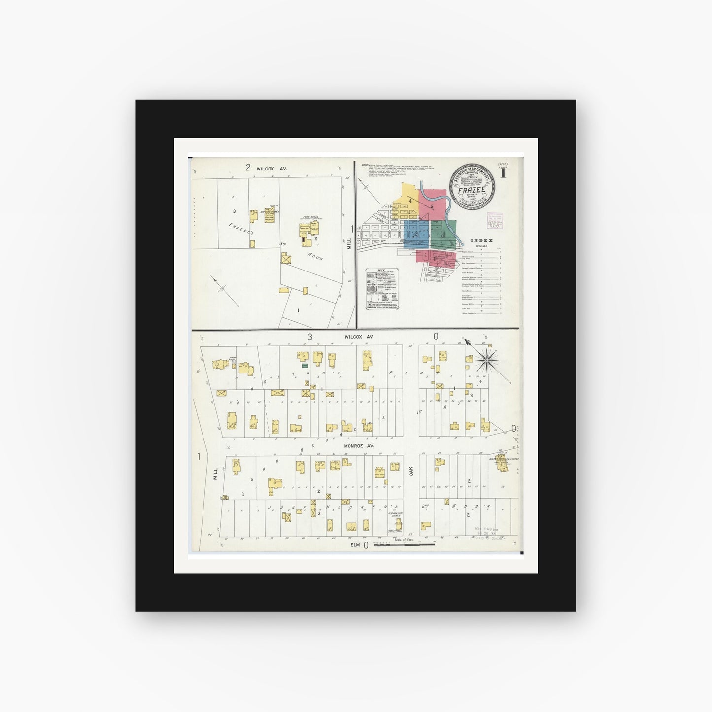 Old map wall art mockup — black gallery frame with white mat — Sanborn Fire Insurance Map from Frazee, Becker County, Minnesota (1907), Sheet #0001