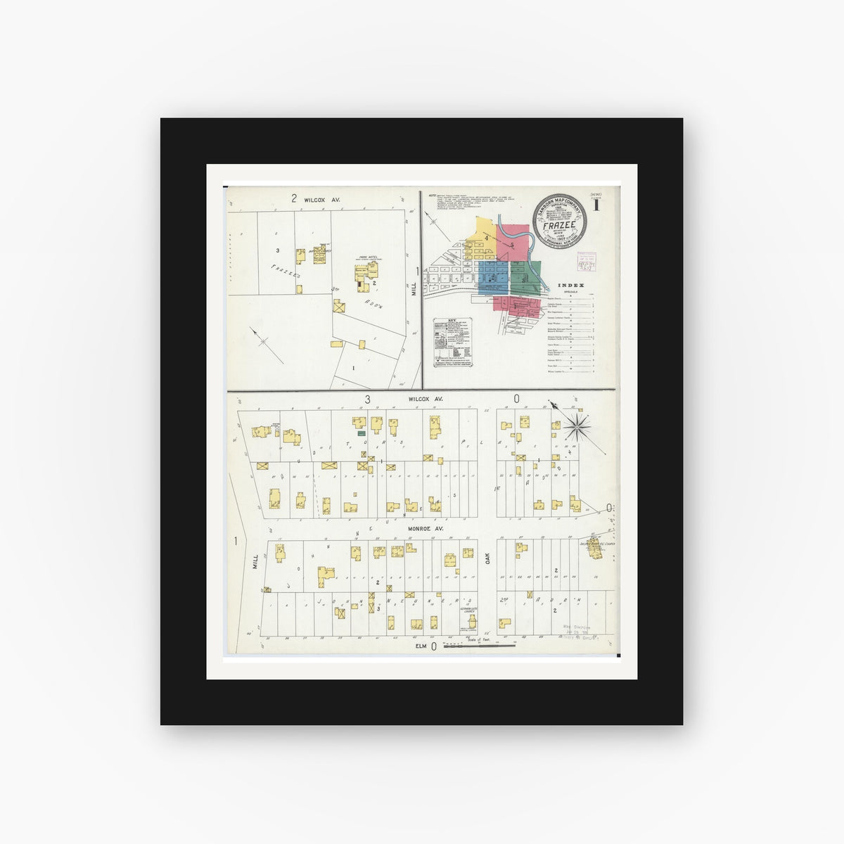 Old map wall art mockup — black gallery frame with white mat — Sanborn Fire Insurance Map from Frazee, Becker County, Minnesota (1907), Sheet #0001