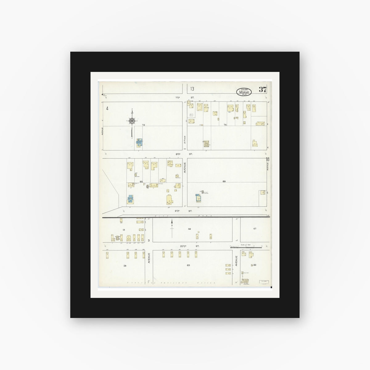 Old map wall art mockup — black gallery frame with white mat — Sanborn Fire Insurance Map from Miami, Dade County, Florida (1914), Sheet #0037