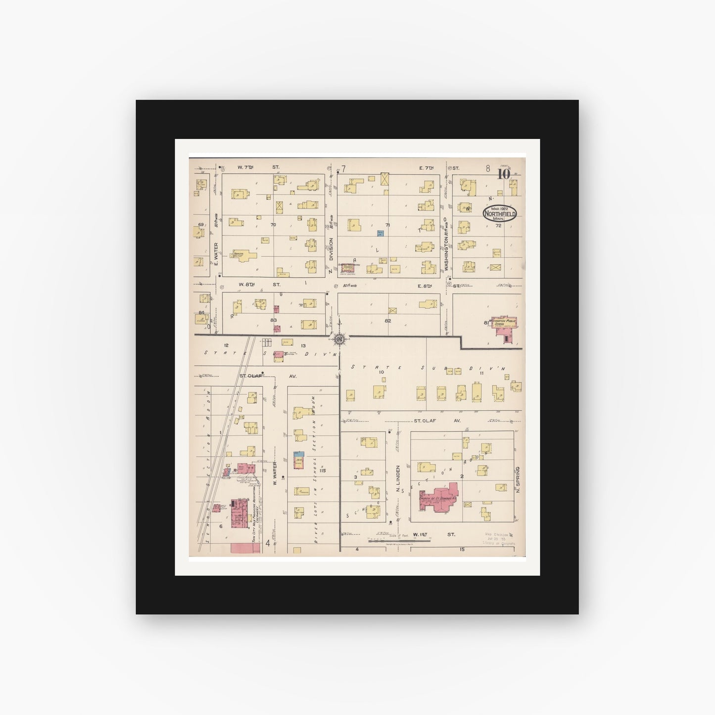 Old map wall art mockup — black gallery frame with white mat — Sanborn Fire Insurance Map from Northfield, Rice County, Minnesota (1922), Sheet #0010
