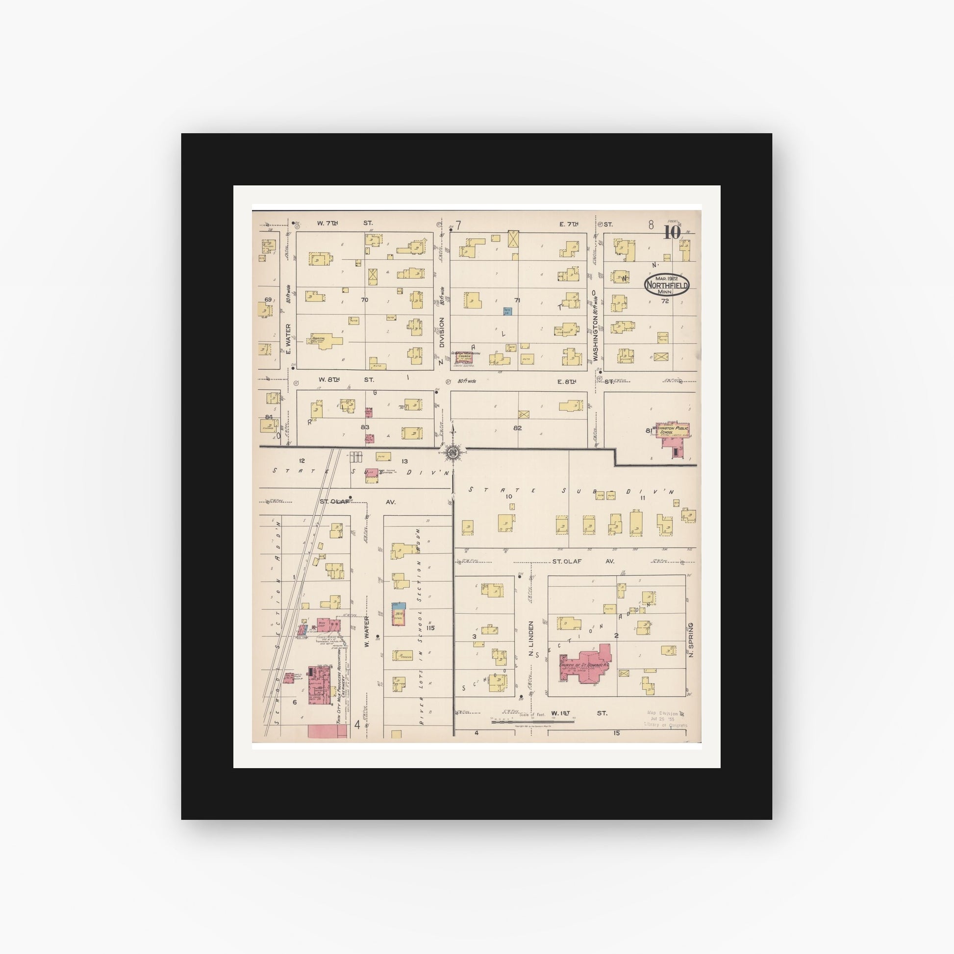 Old map wall art mockup — black gallery frame with white mat — Sanborn Fire Insurance Map from Northfield, Rice County, Minnesota (1922), Sheet #0010