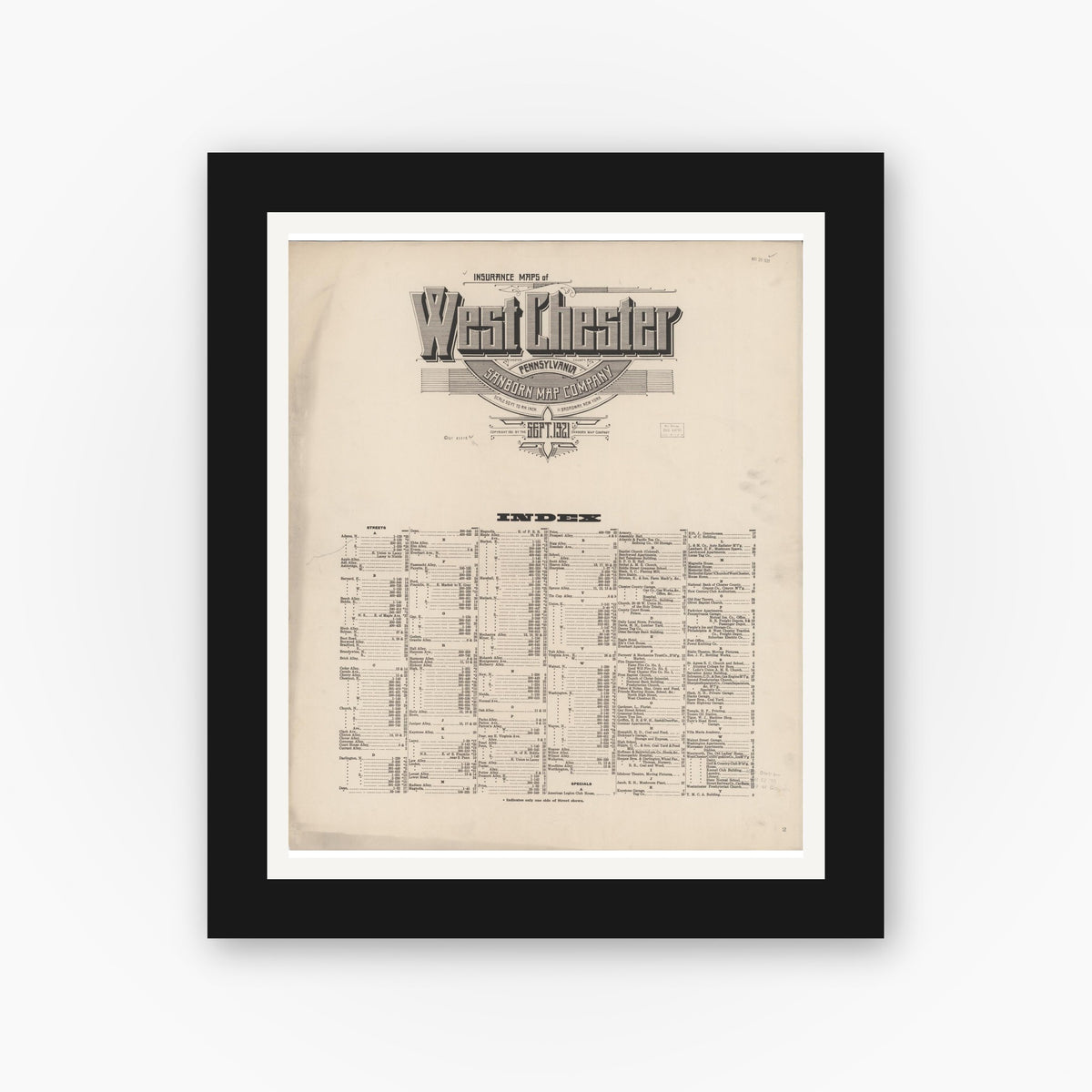 Old map wall art mockup — black gallery frame with white mat — Sanborn Fire Insurance Map from West Chester, Chester County, Pennsylvania (1921), Sheet #0001