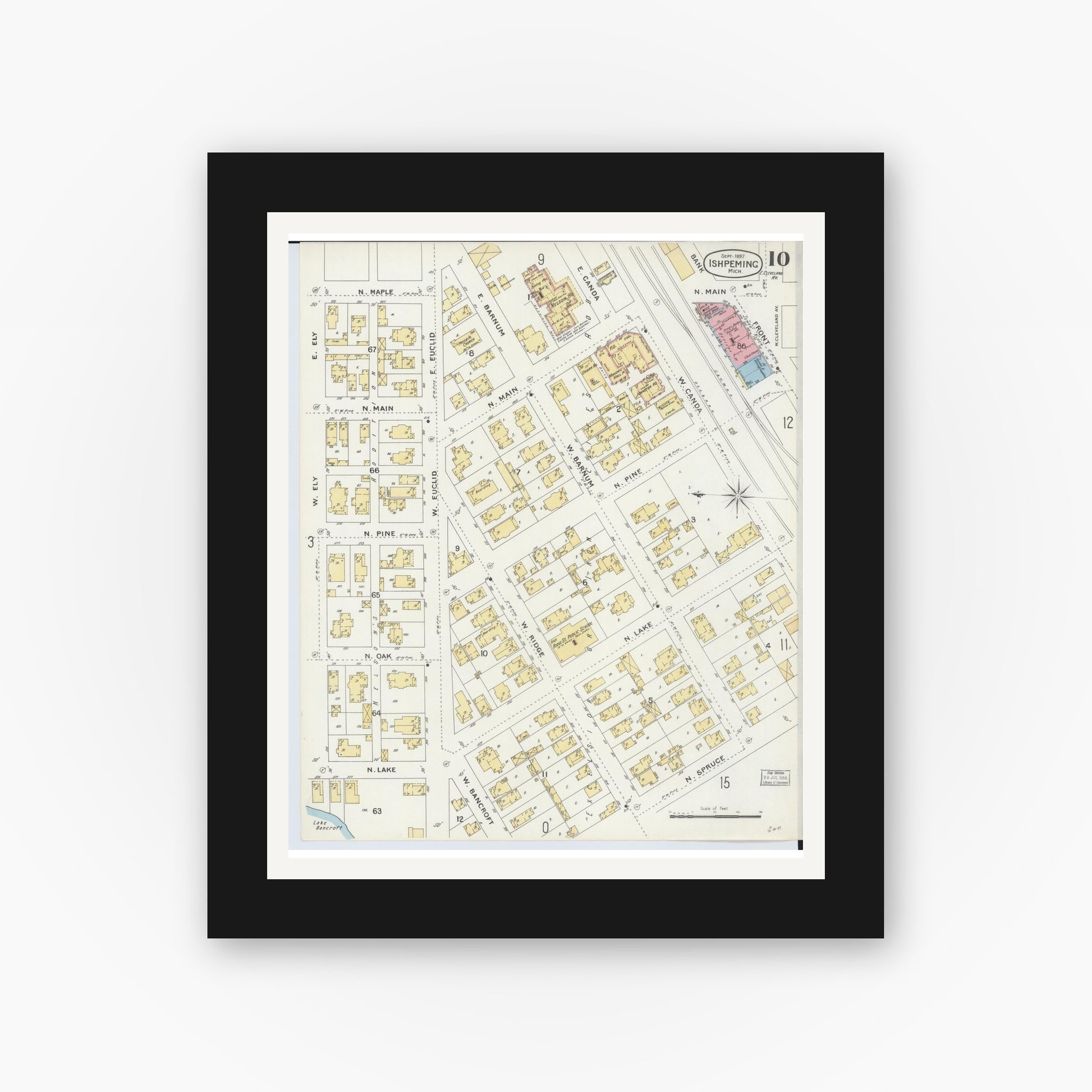 Old map wall art mockup — black gallery frame with white mat — Sanborn Fire Insurance Map from Ishpeming, Marquette County, Michigan (1897), Sheet #0010