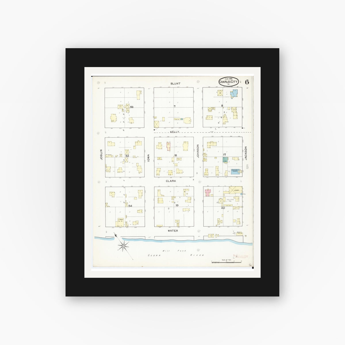 Old map wall art mockup — black gallery frame with white mat — Sanborn Fire Insurance Map from Charles City, Floyd County, Iowa (1892), Sheet #0006