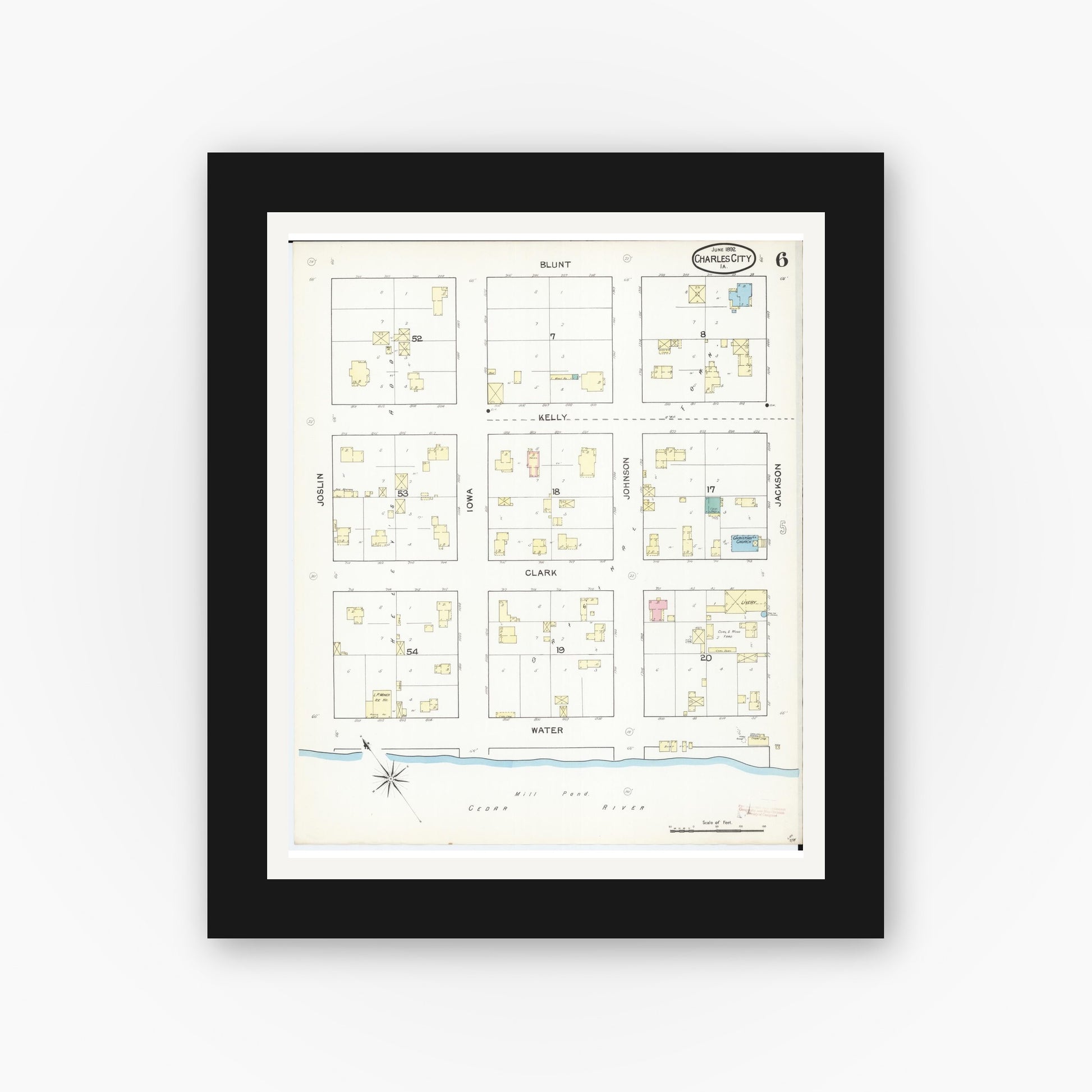Old map wall art mockup — black gallery frame with white mat — Sanborn Fire Insurance Map from Charles City, Floyd County, Iowa (1892), Sheet #0006