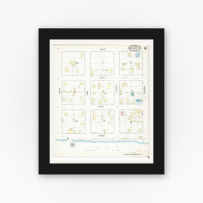 Old map wall art mockup — black gallery frame with white mat — Sanborn Fire Insurance Map from Charles City, Floyd County, Iowa (1892), Sheet #0006
