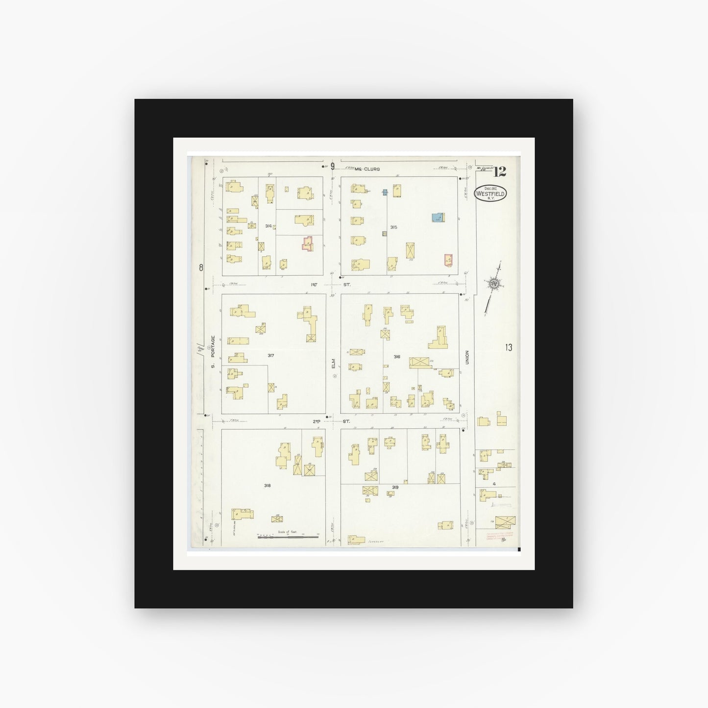 Old map wall art mockup — black gallery frame with white mat — Sanborn Fire Insurance Map from Westfield, Chautauqua County, New York (1912), Sheet #0012