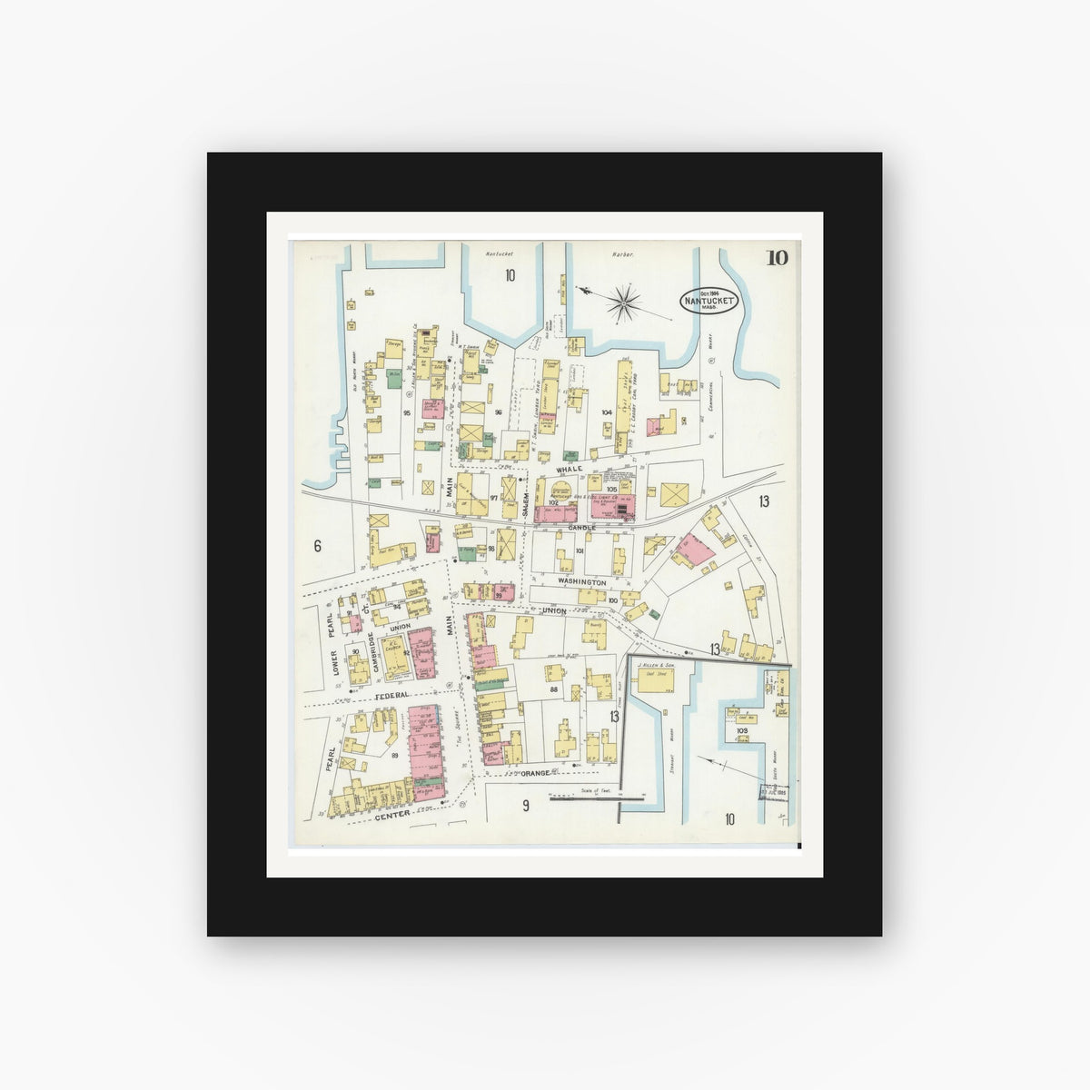 Old map wall art mockup — black gallery frame with white mat — Sanborn Fire Insurance Map from Nantucket, Nantucket County, Massachusetts (1904), Sheet #0010