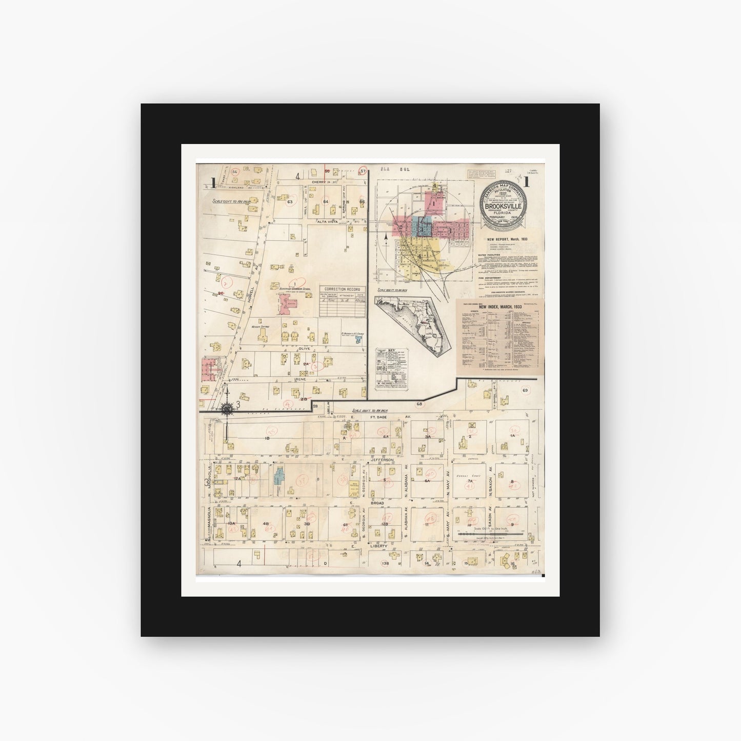 Old map wall art mockup — black gallery frame with white mat — Sanborn Fire Insurance Map from Brooksville, Hernando County, Florida (1945), Sheet #0001
